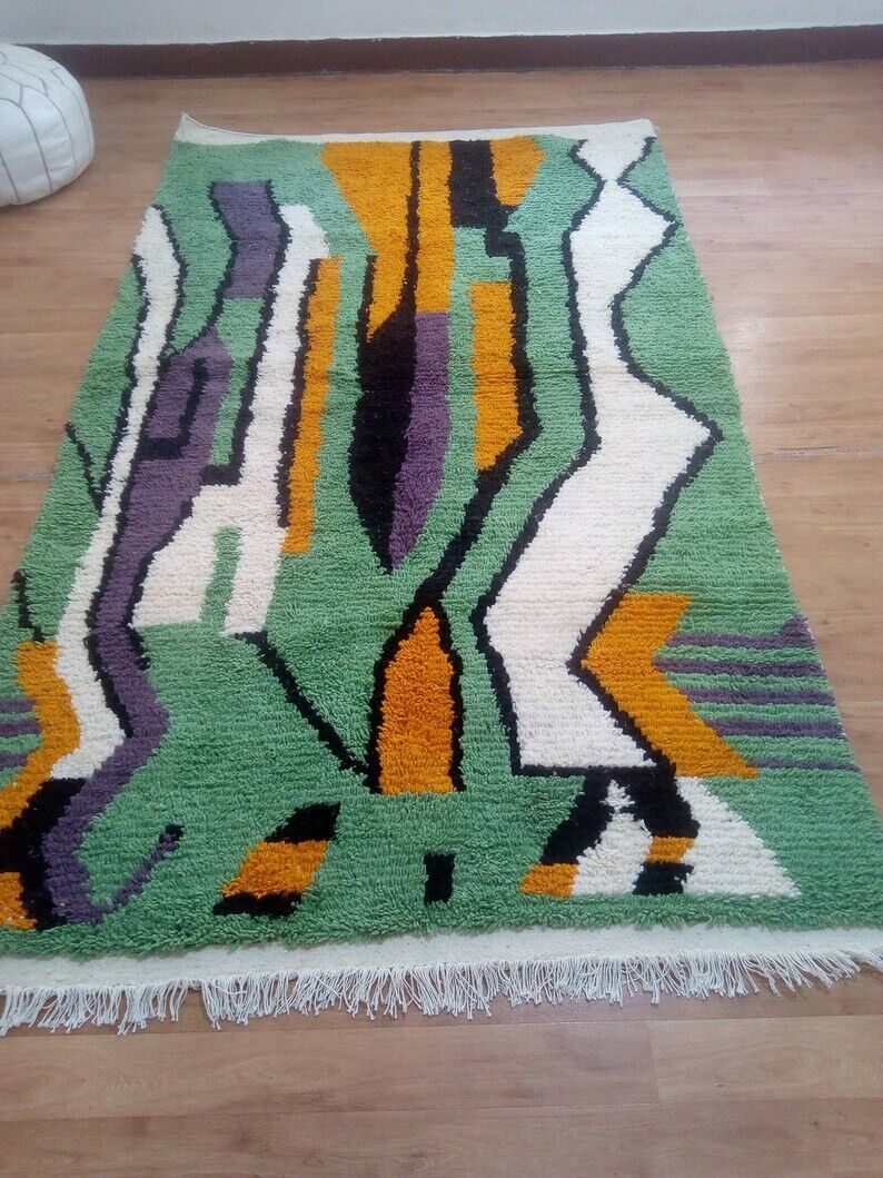 Tapis marocain vert en laine tissé à la main - tapis fait main - 256 x 150