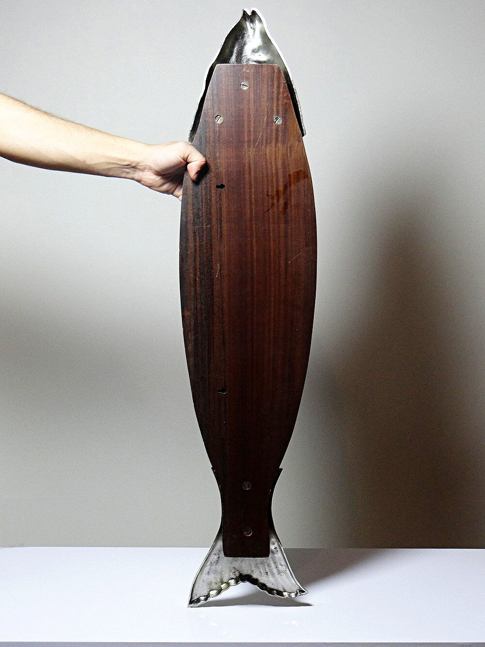 Large vintage 1960s wooden and silver-plated metal salmon serving tray