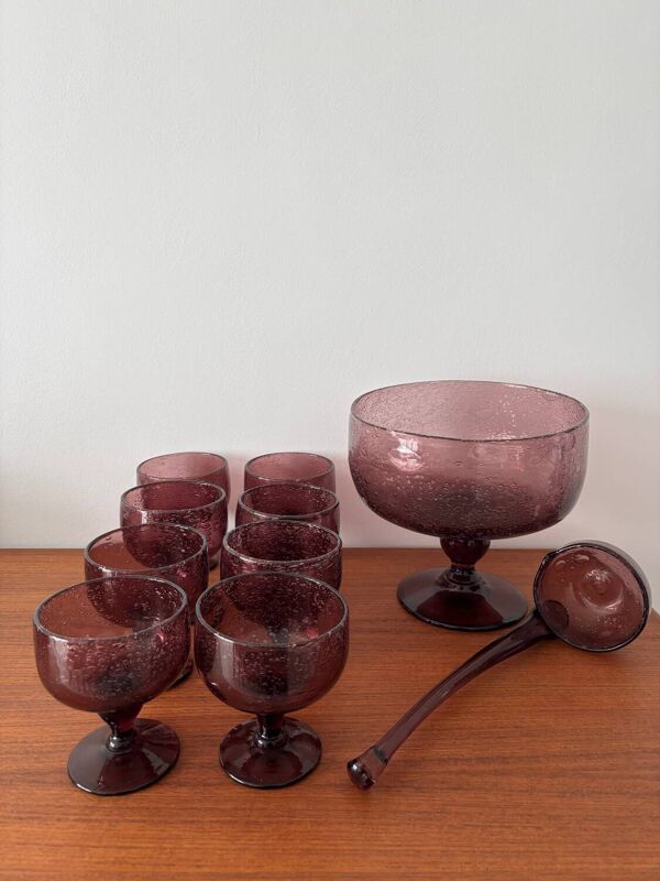 Service à punch vintage  – Verre bullé artisanal, coupe ou louche