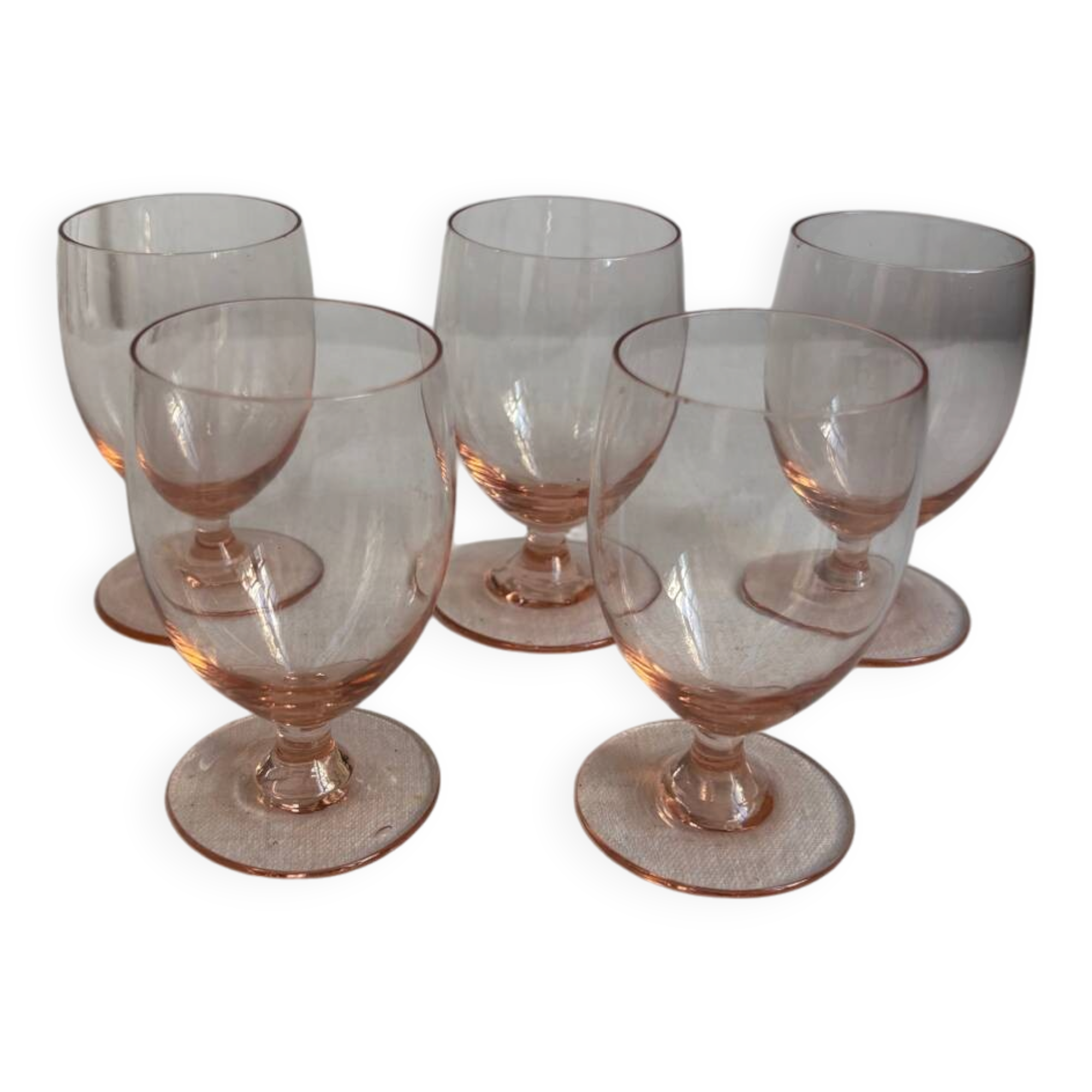 Set of 5 small pink crystal stemmed glasses