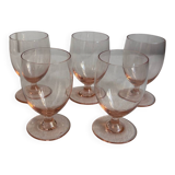 Set of 5 small pink crystal stemmed glasses
