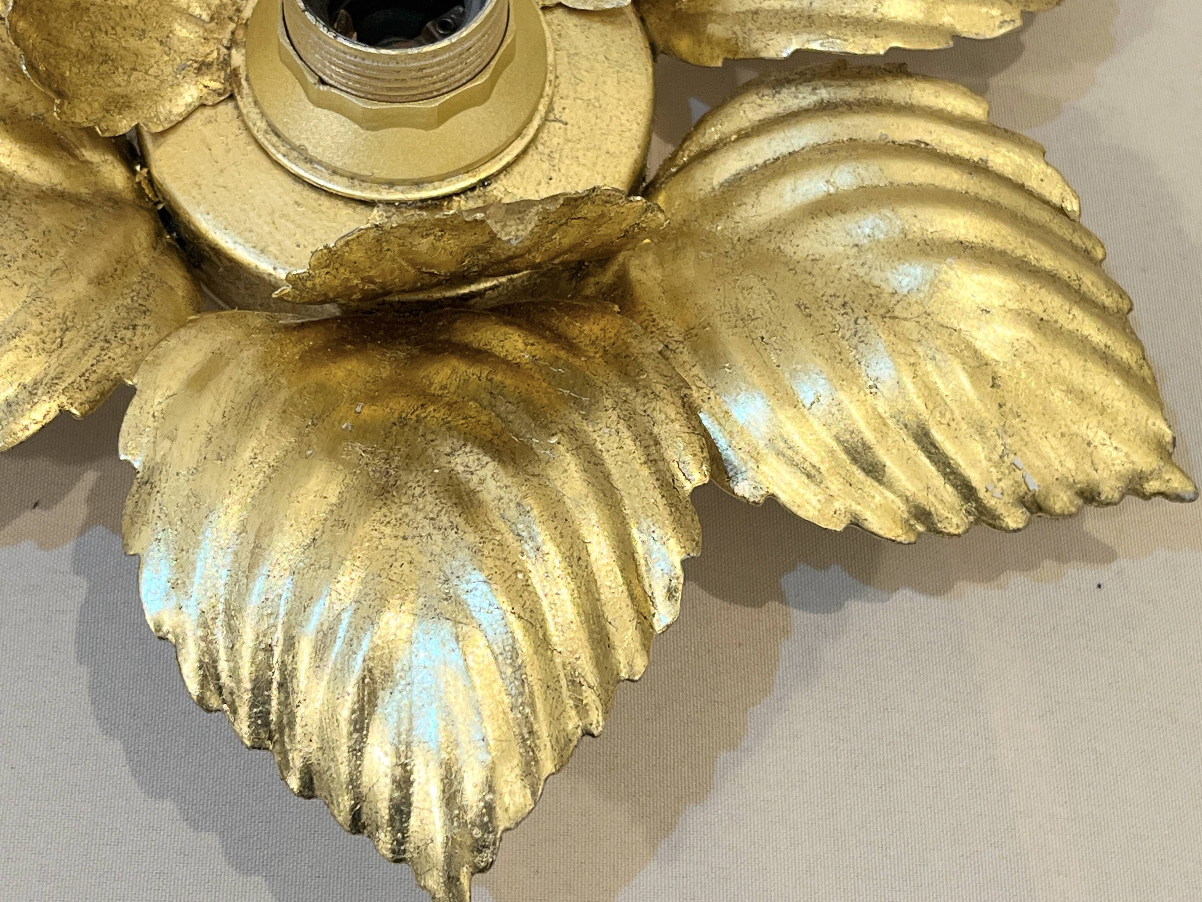 Masca 1970s 1980s Hollywood Regency Gold Leaf Metal Flower Wall Sconce