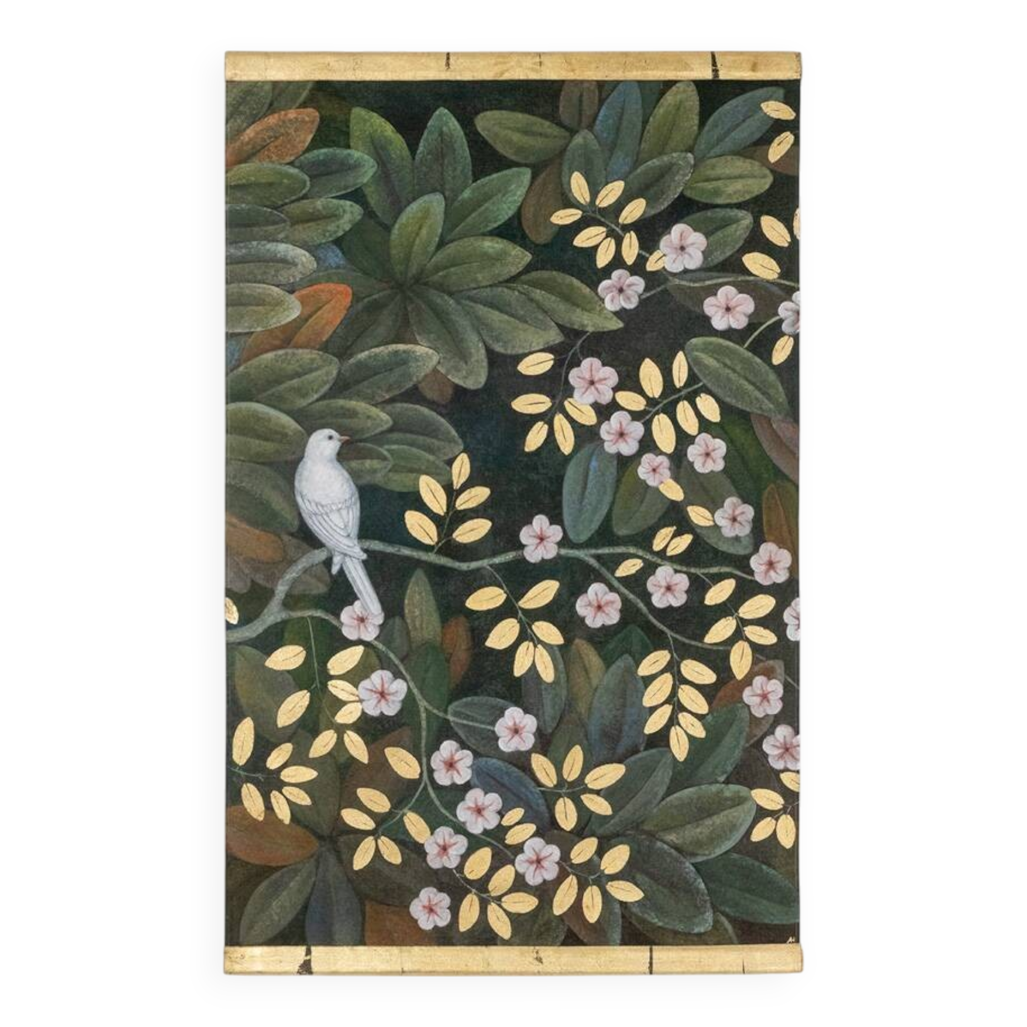 Painted canvas depicting a bird in a floral setting. Contemporary.