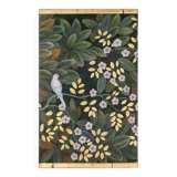 Painted canvas depicting a bird in a floral setting. Contemporary.