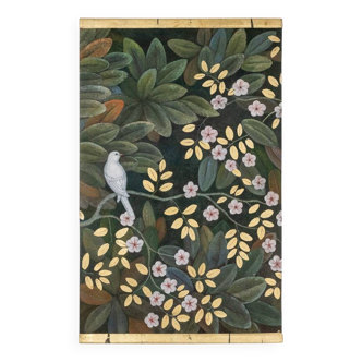 Painted canvas depicting a bird in a floral setting. Contemporary.
