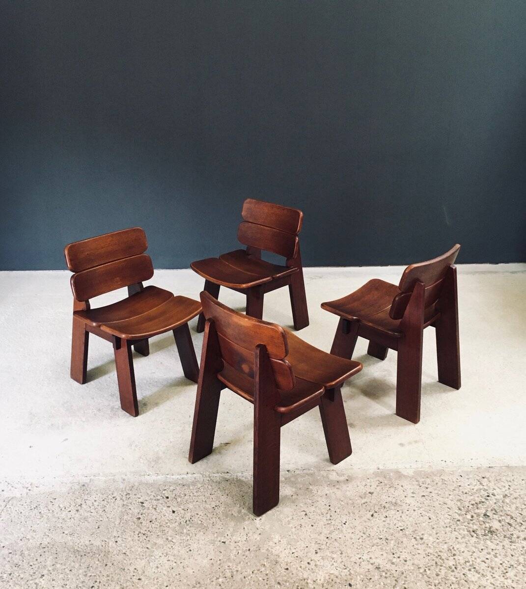 Constructivist Oak Dining Chairs, Belgium, 1960s, Set of 4