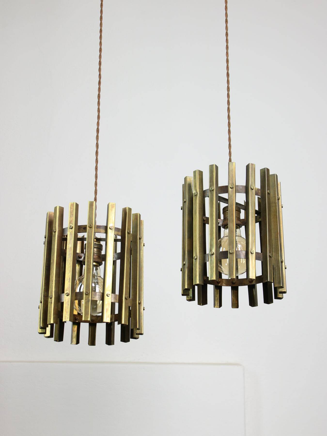 Vintage Italian Brass Cage Pendant Lamp, 70s