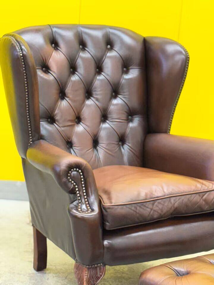 Dark Brown leather chesterfield wing chair with Ottoman