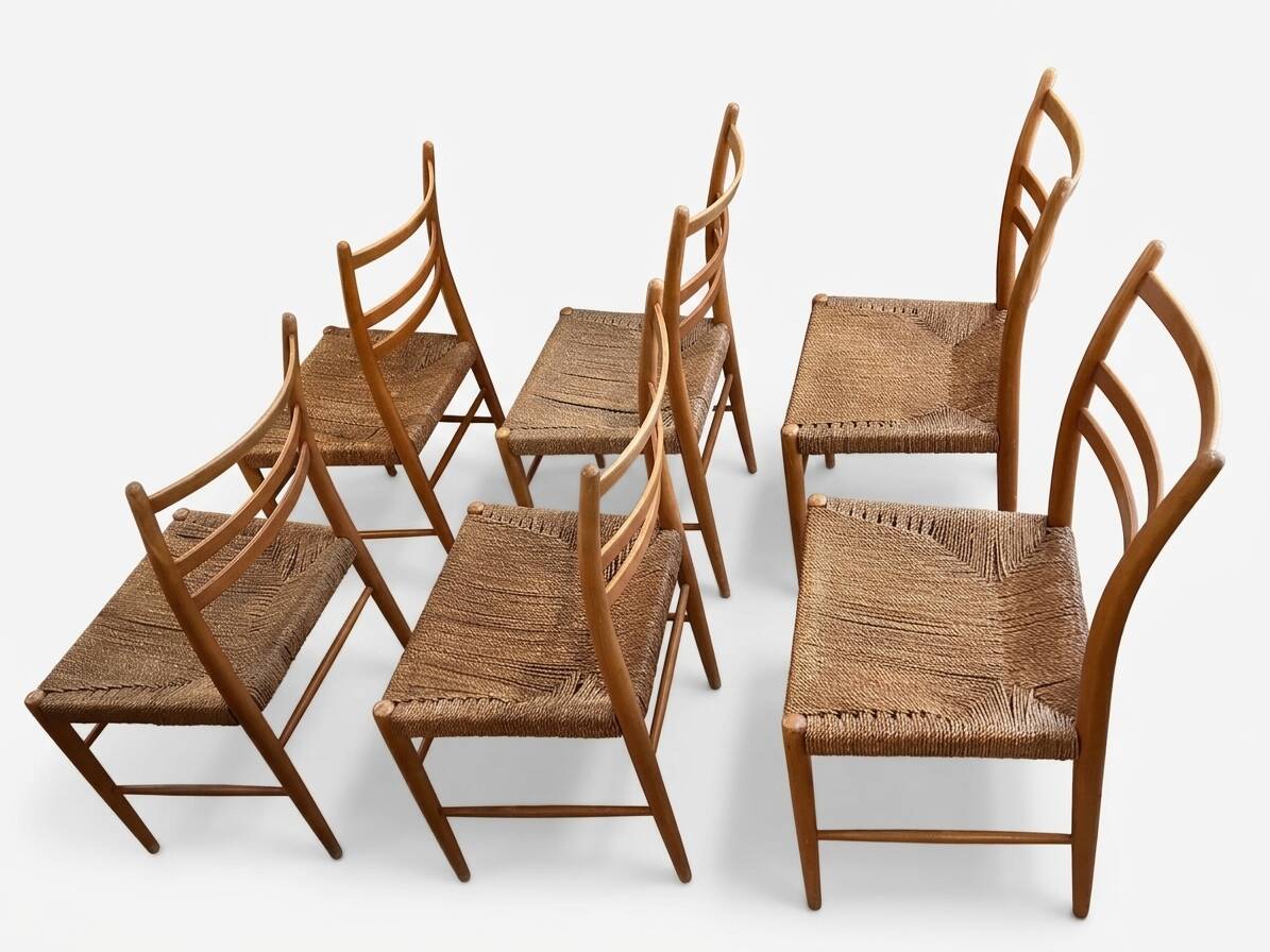 Set of 6 vintage Scandinavian chairs in paper cord – 1960s