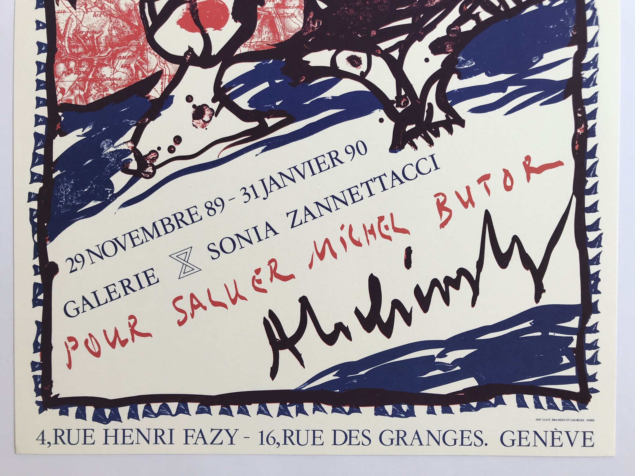 Original poster by pierre alechinsky, pour saluting michel butor / galerie sonia zannetacci, 1989