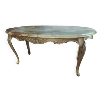 Vintage oval coffee table in onyx and brass, 1950