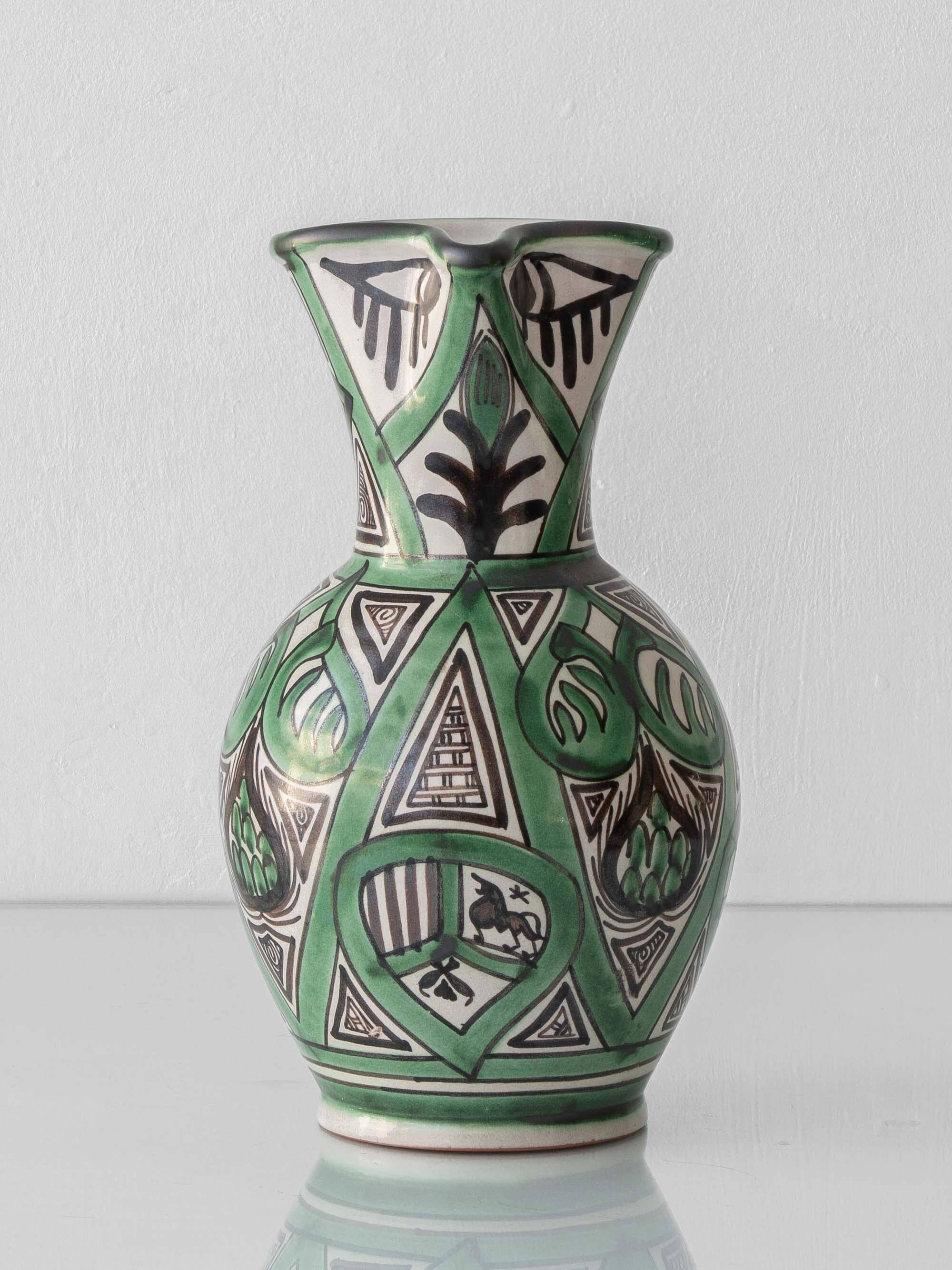 Spanish ceramic pitcher from the mid-century Mudéjar style in green and black, Punter.