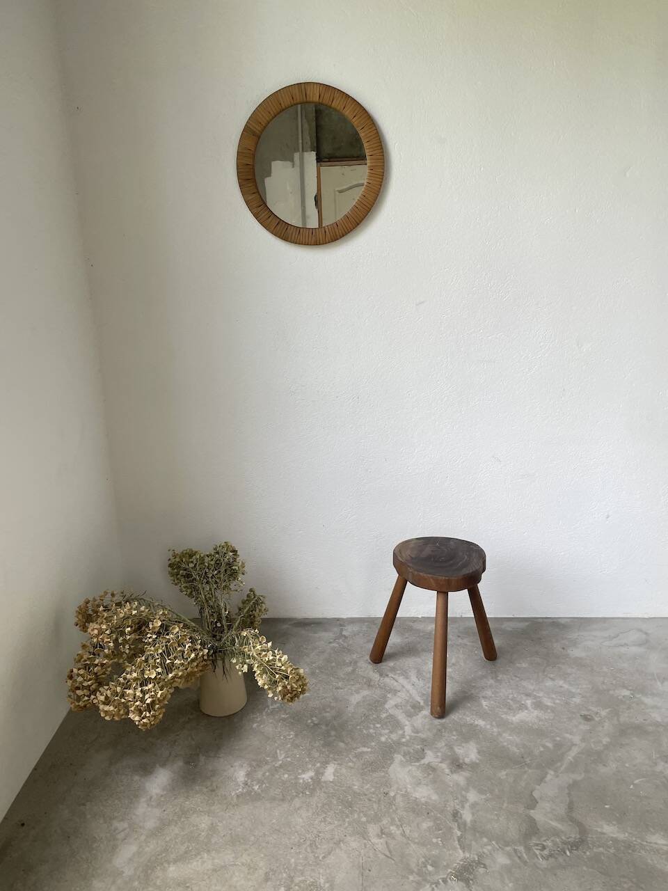50s tripod oak stool