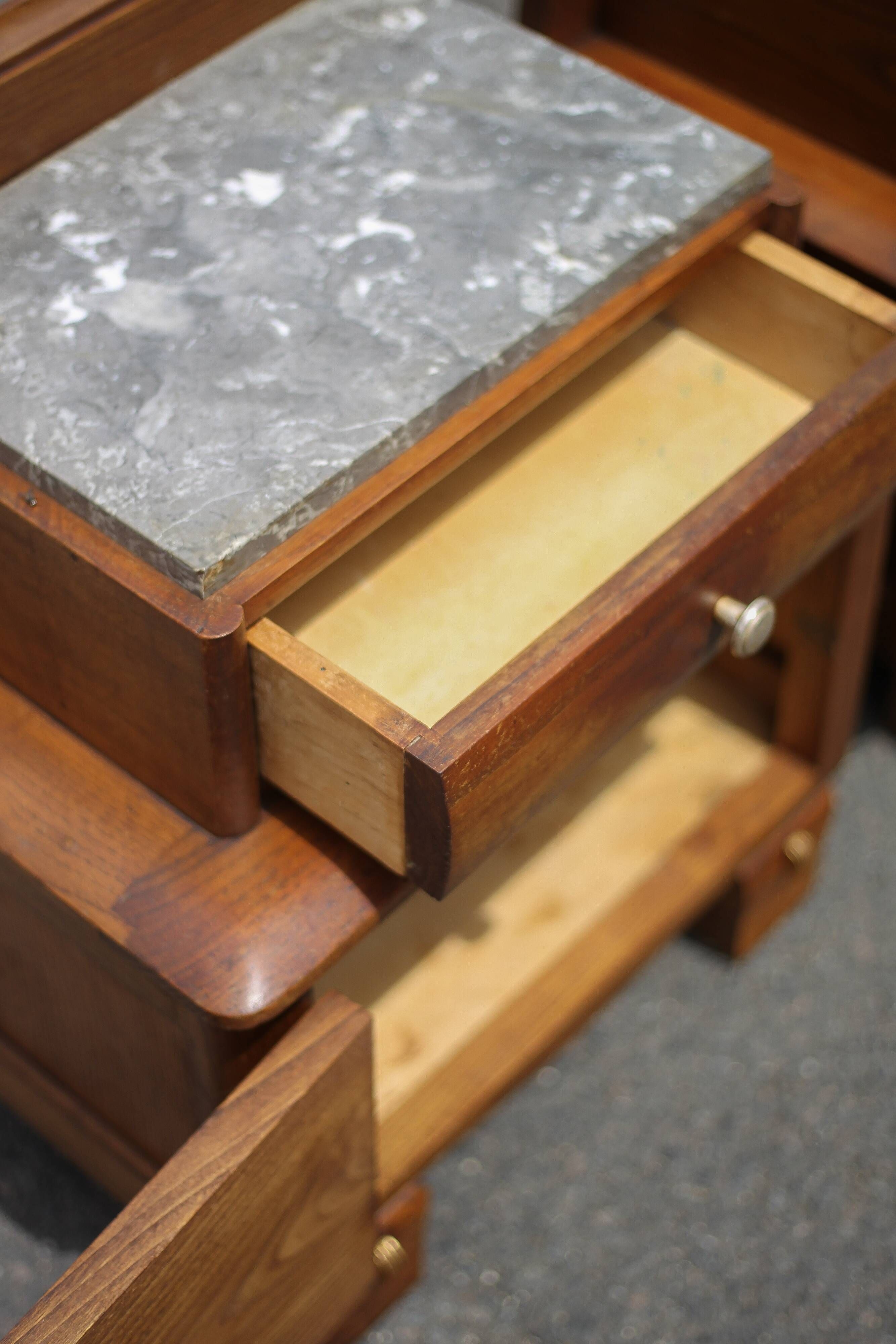 Pair of wooden nightstands, art deco style wooden bedside table, wood and marble table