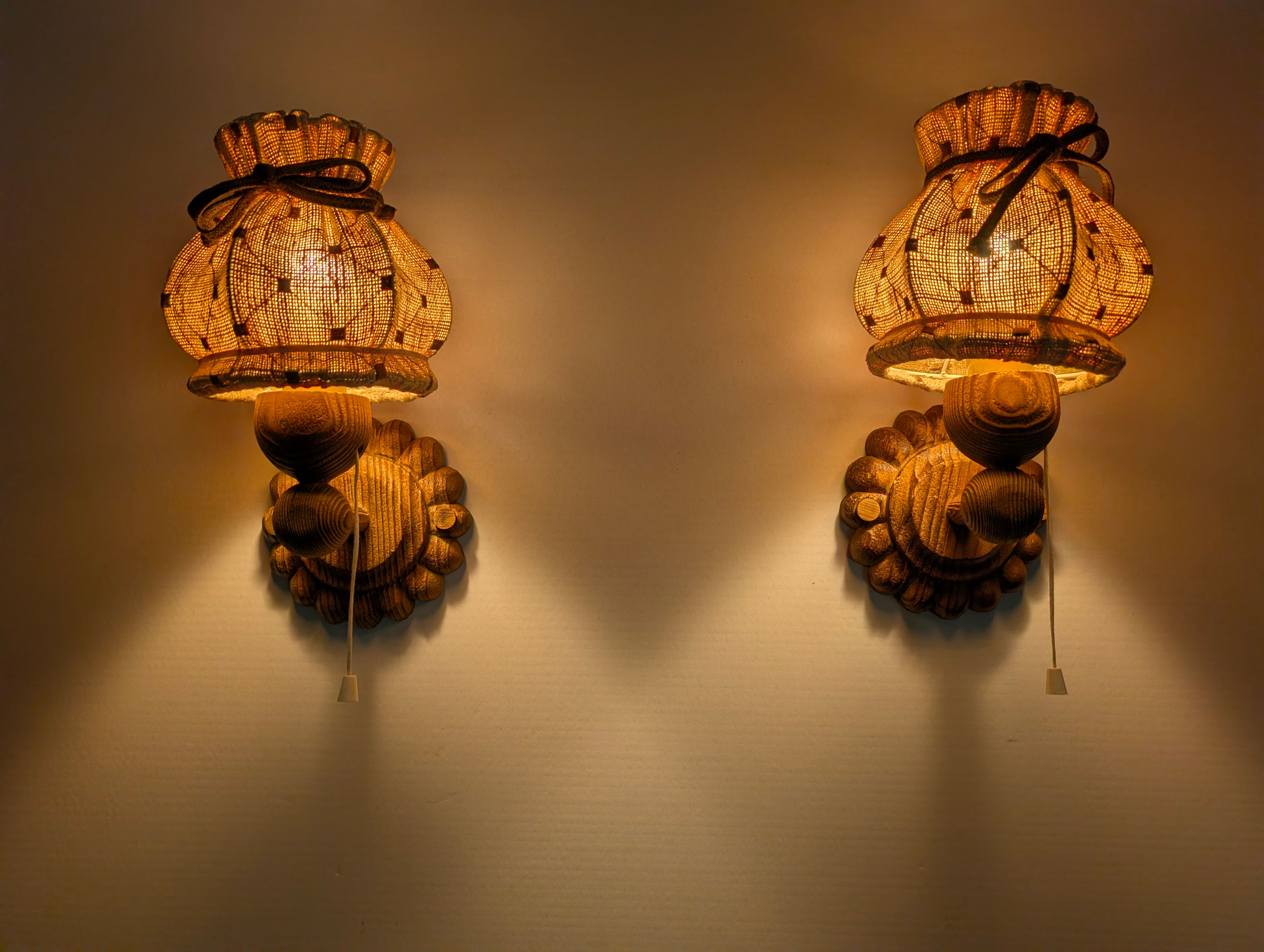 Pair of carved pine wall lights with jute shades, Swedish design, 1970s