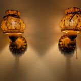 Pair of carved pine wall lights with jute shades, Swedish design, 1970s