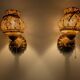Pair of carved pine wall lights with jute shades, Swedish design, 1970s