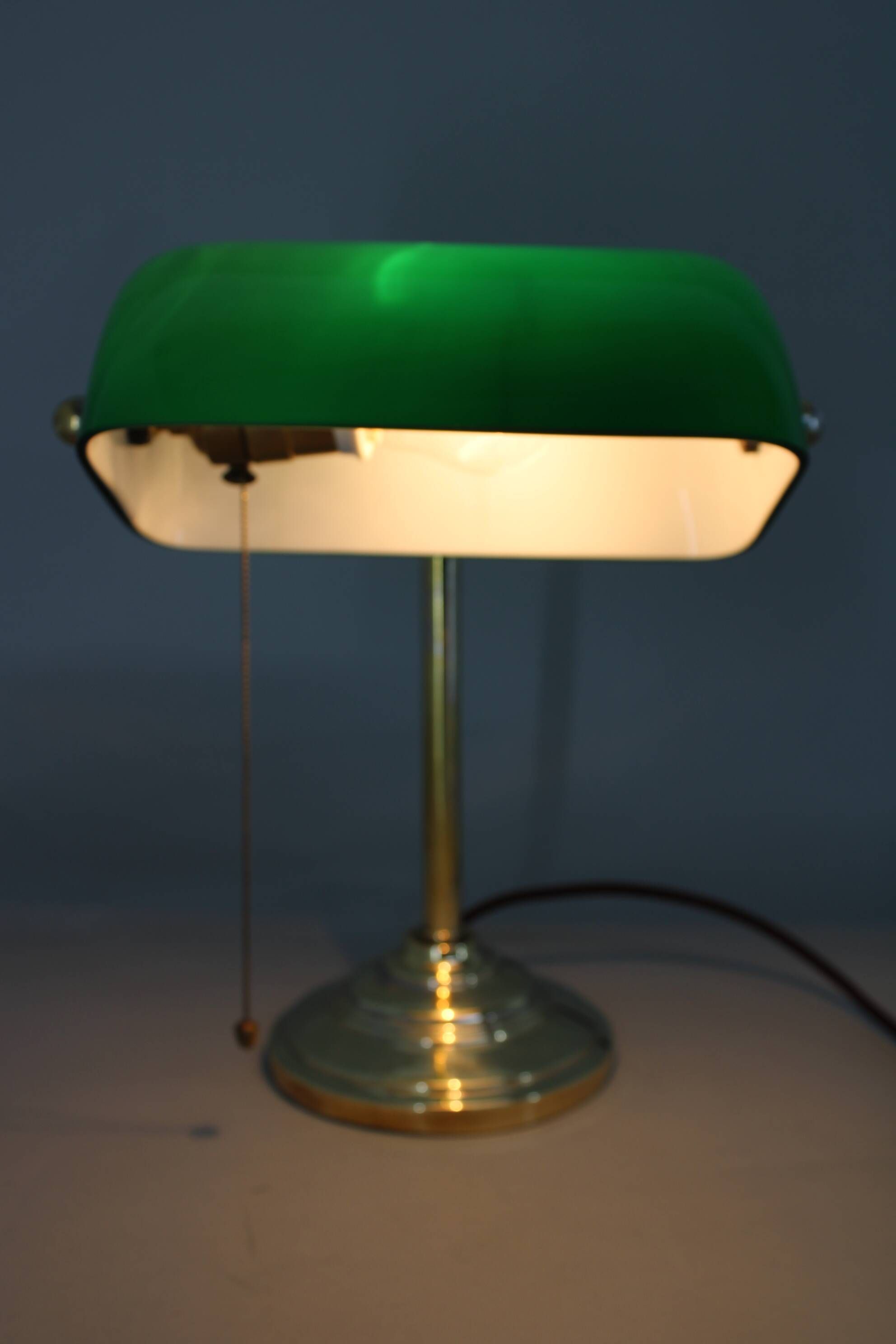 1930s Art Deco Brass  Banker Table Lamp with Glass Shade, Czechoslovakia
