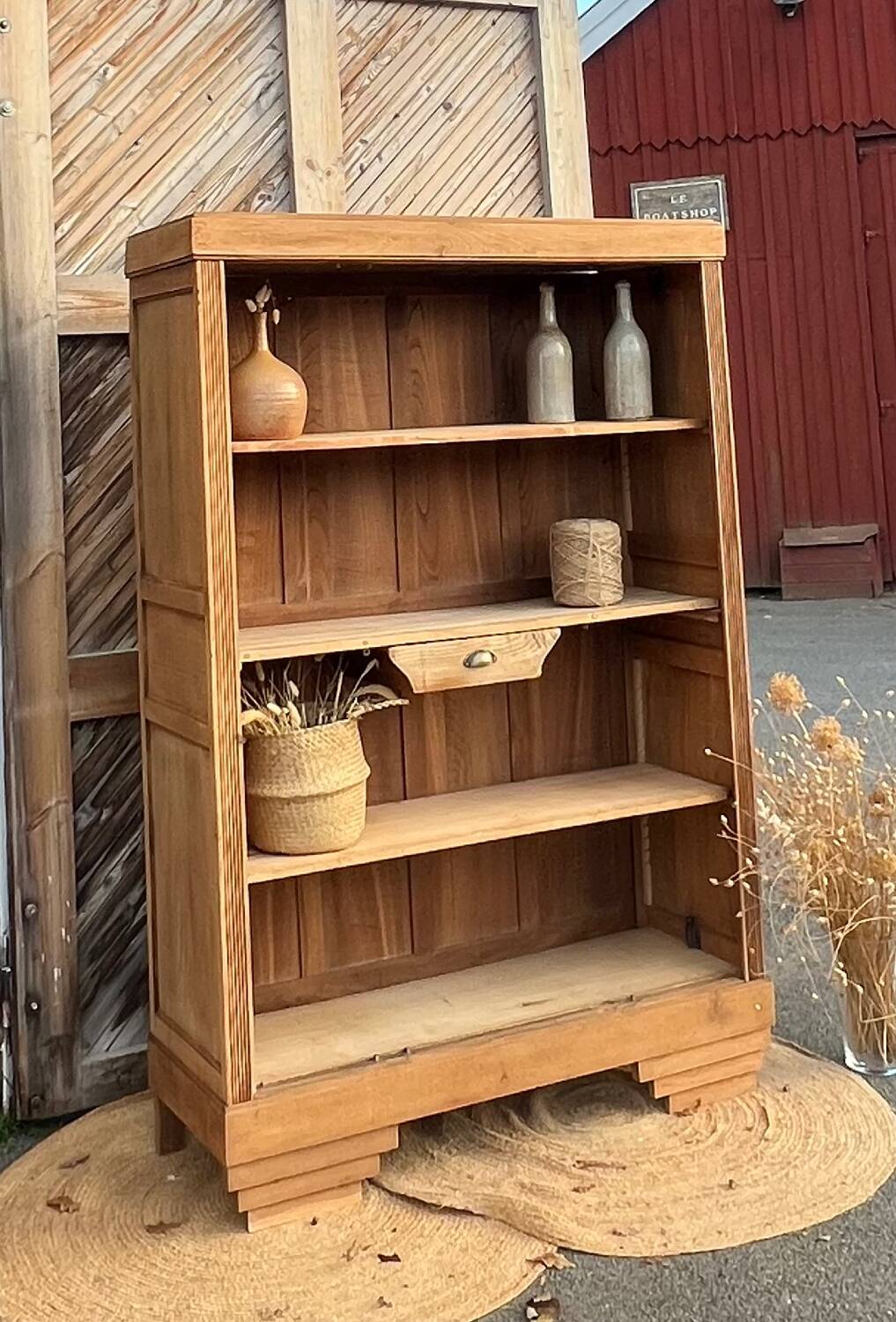 Large antique bookcase in raw solid oak