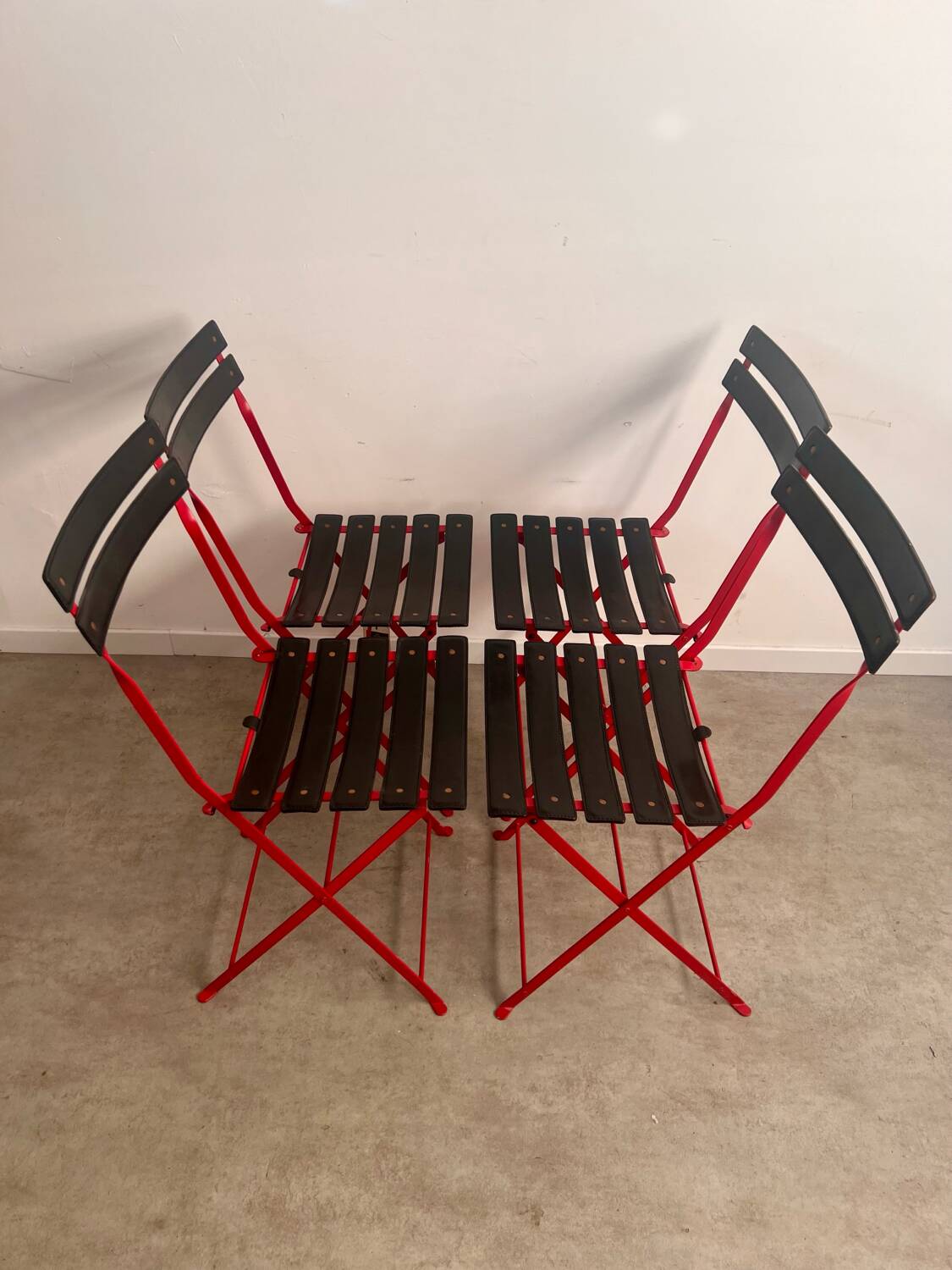 Set of 4 folding leather and metal chairs Italian design Zanuso for Zanotta Celestina vintage