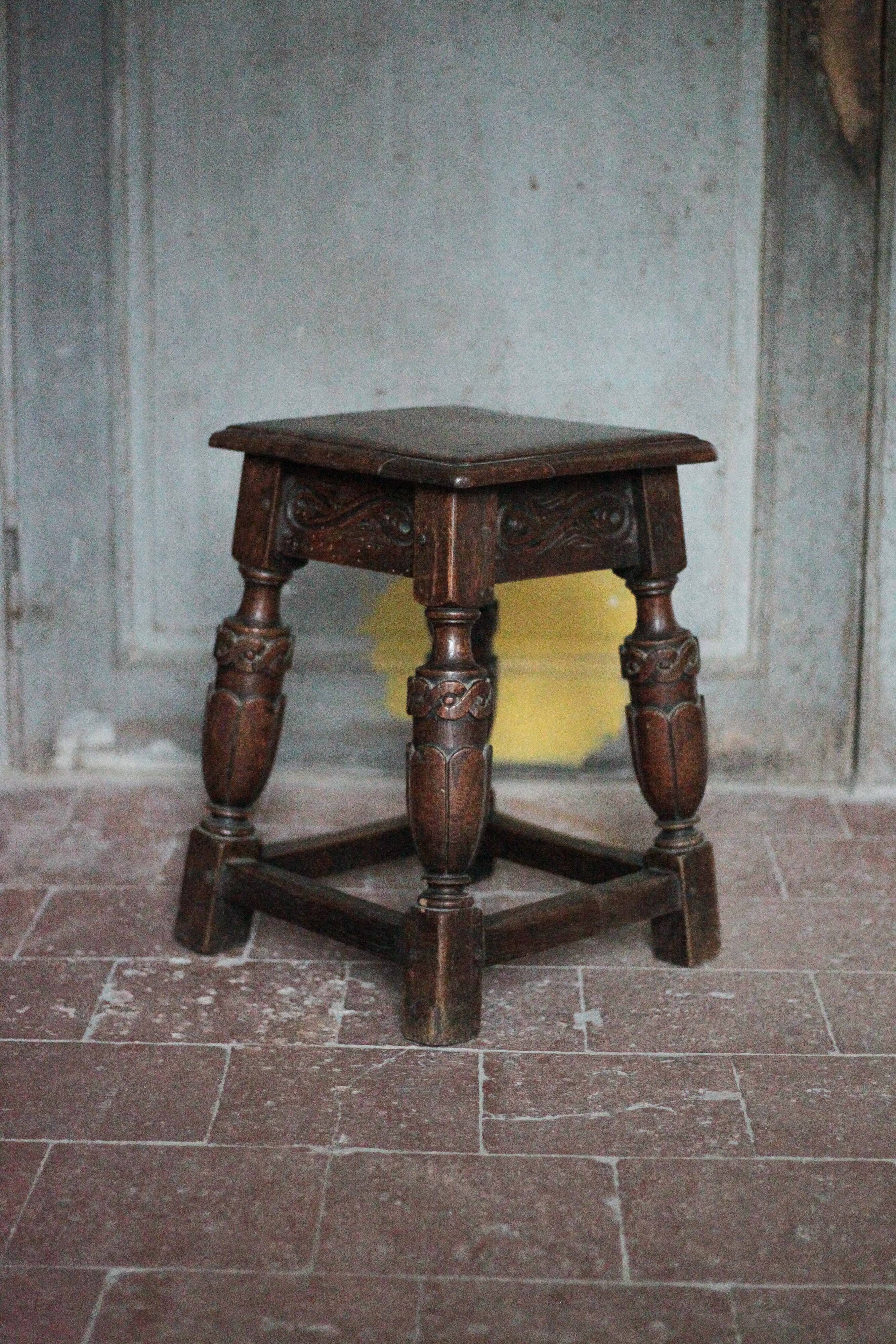 Antique wooden stool in Elizabethan English style, occasional stool