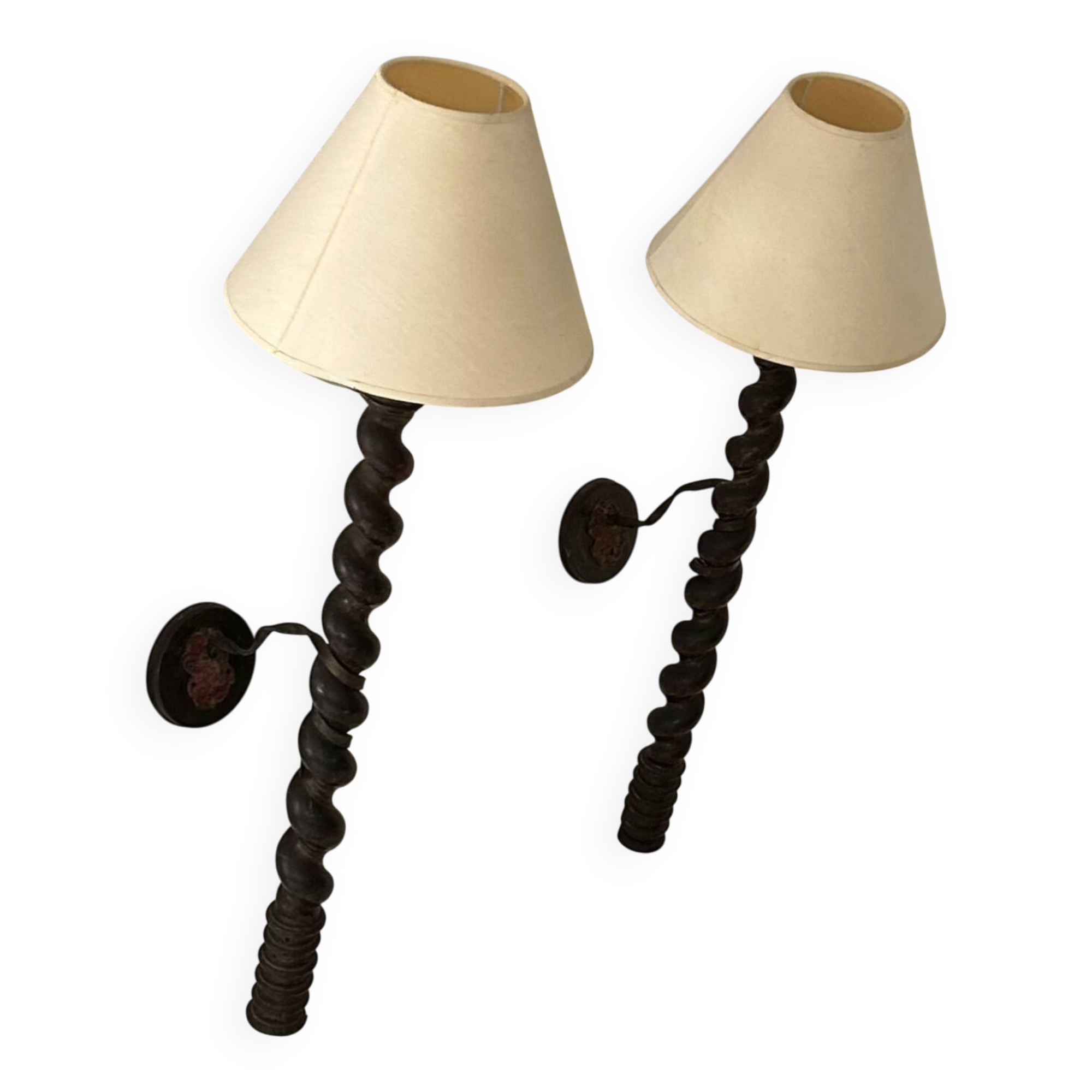 Pair of XL wall sconces in turned wood, France 1950