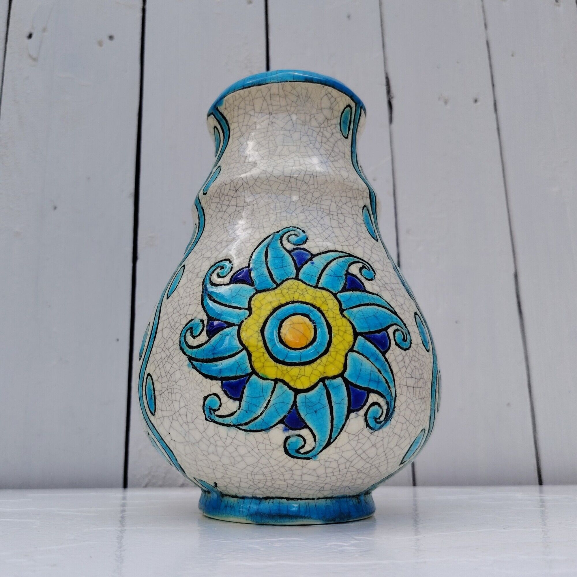 Glazed earthenware vase, floral/sun decoration, Catteau, Boch