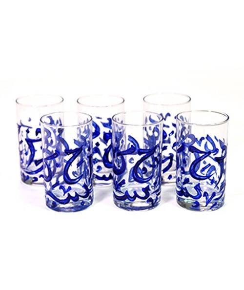 6 verres artisanaux décorés en calligraphie arabe bleue