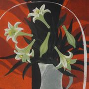 Yves ganne: lilies on an orange background, original signed lithograph