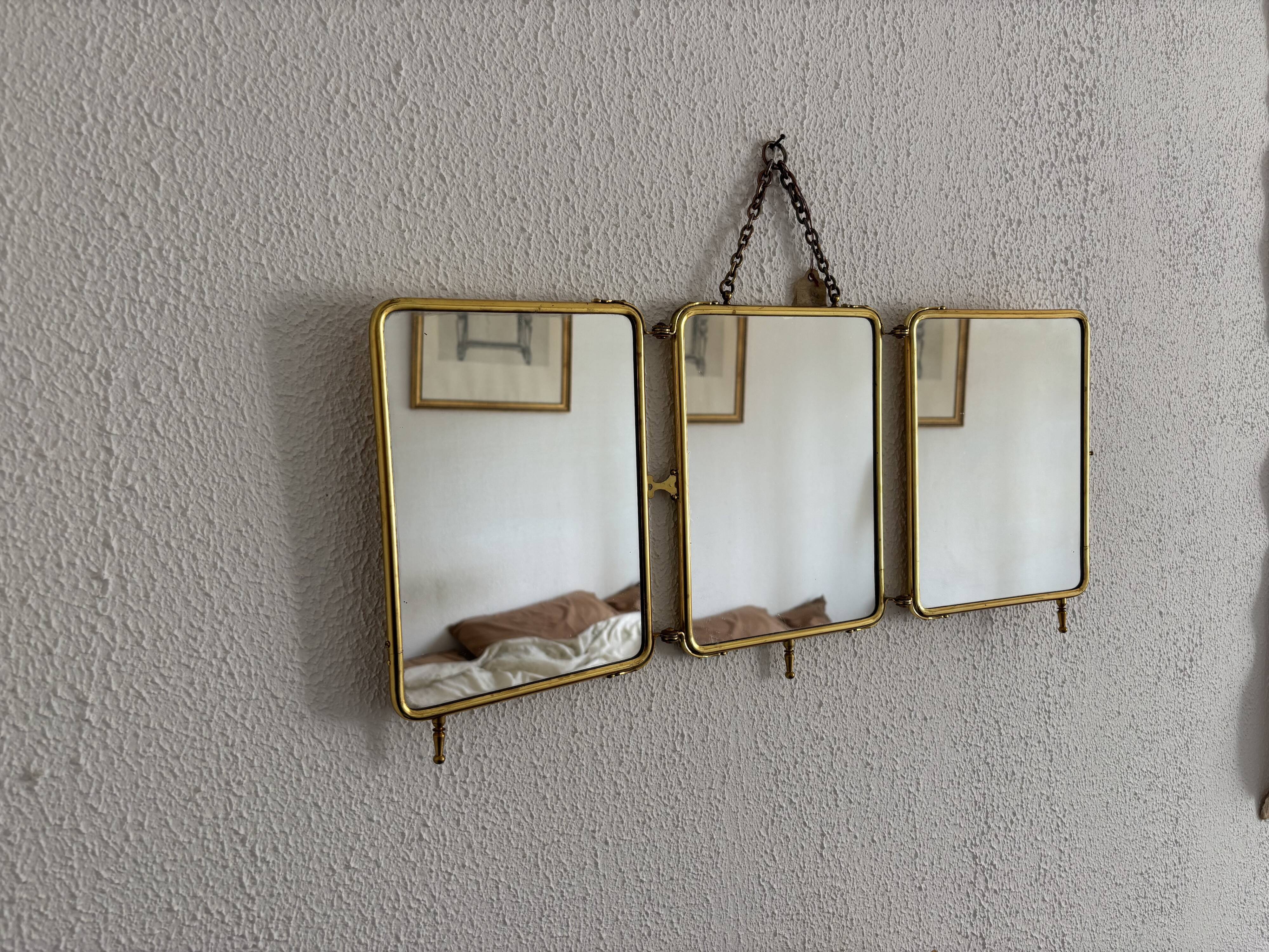 Miroir vintage 1920 triptyque barbier doré fleurs neuf bon marché - 28 x 60