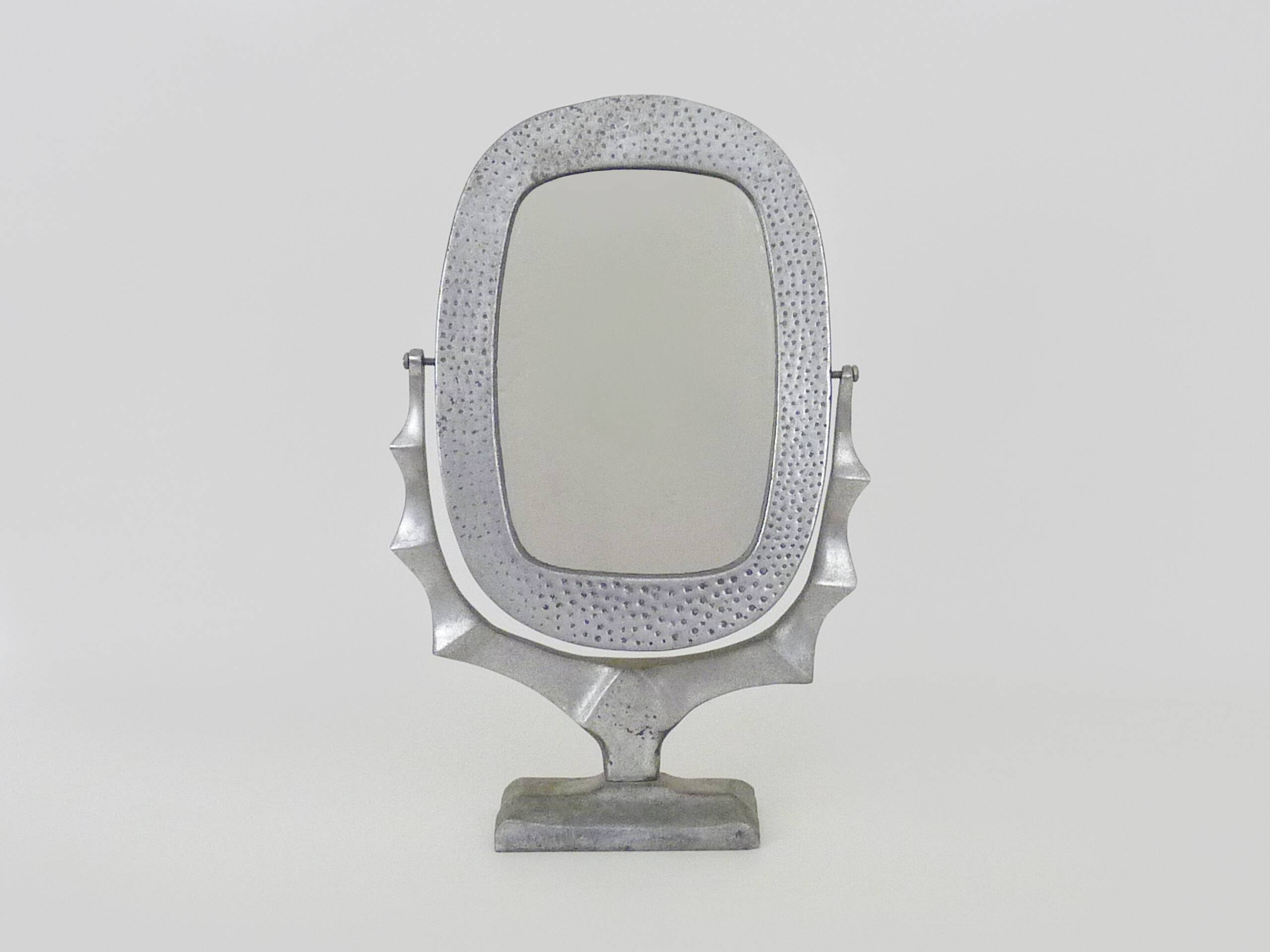 Old large Psyche Gothic table mirror in cast aluminum, Brutalist Mexican style. 70