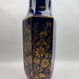 Octagonal vase in Limoges porcelain, oven blue and gold decoration, 20th century