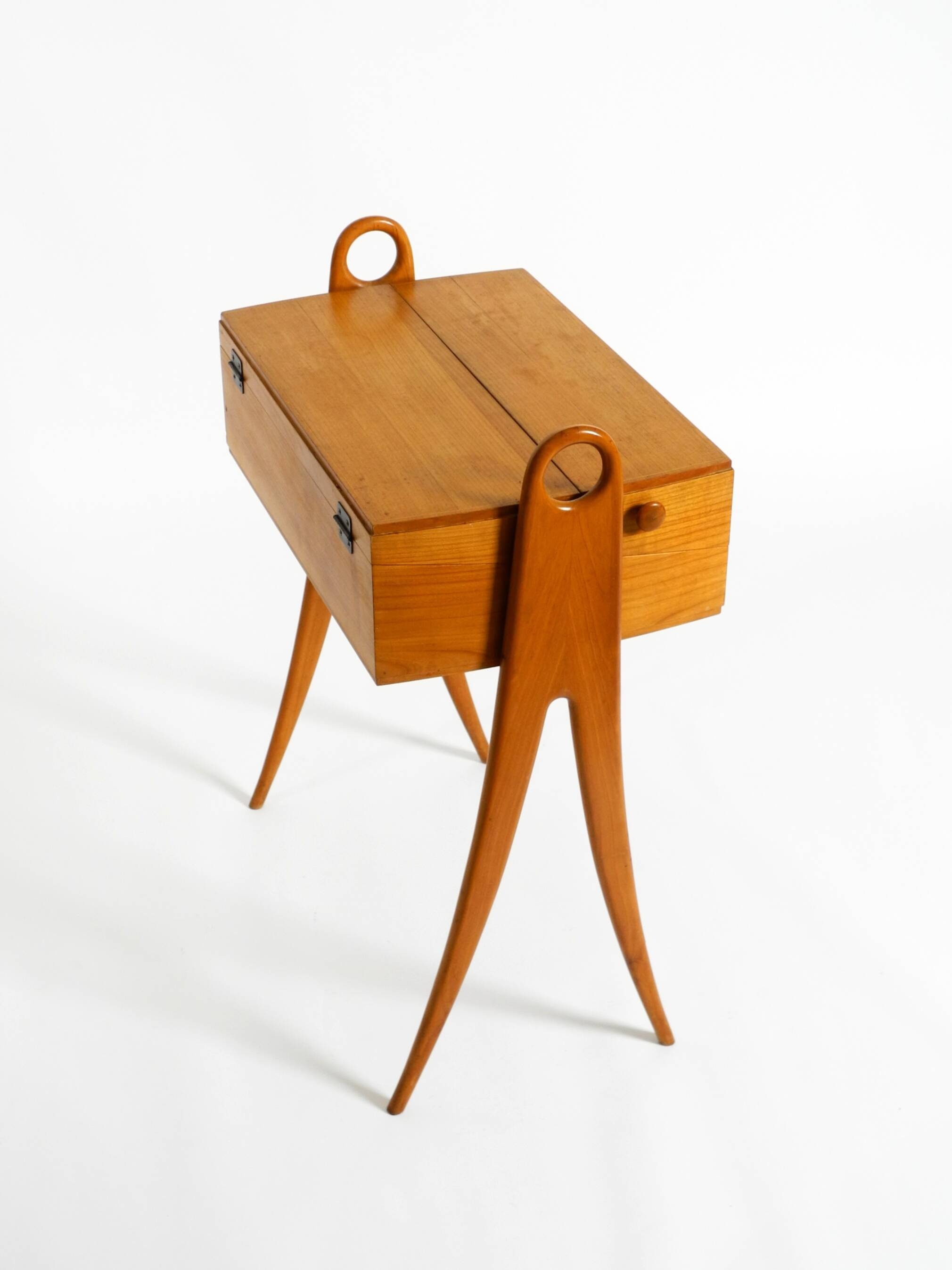 1950s ash wood sewing box, with a hinged top, multiple compartments