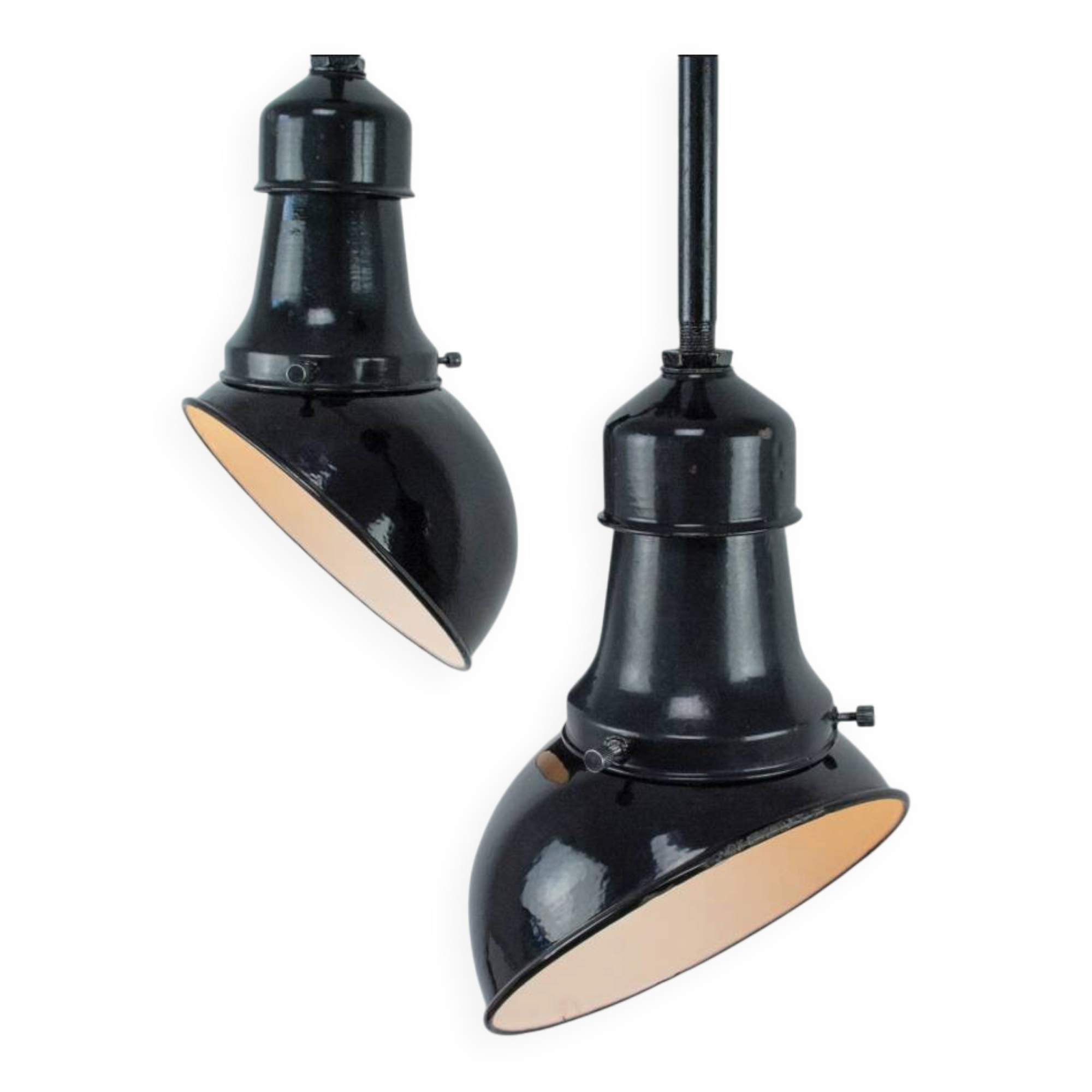 Set Of 2 Vintage Industrial Angled Enamel & Metal Black Lamps
