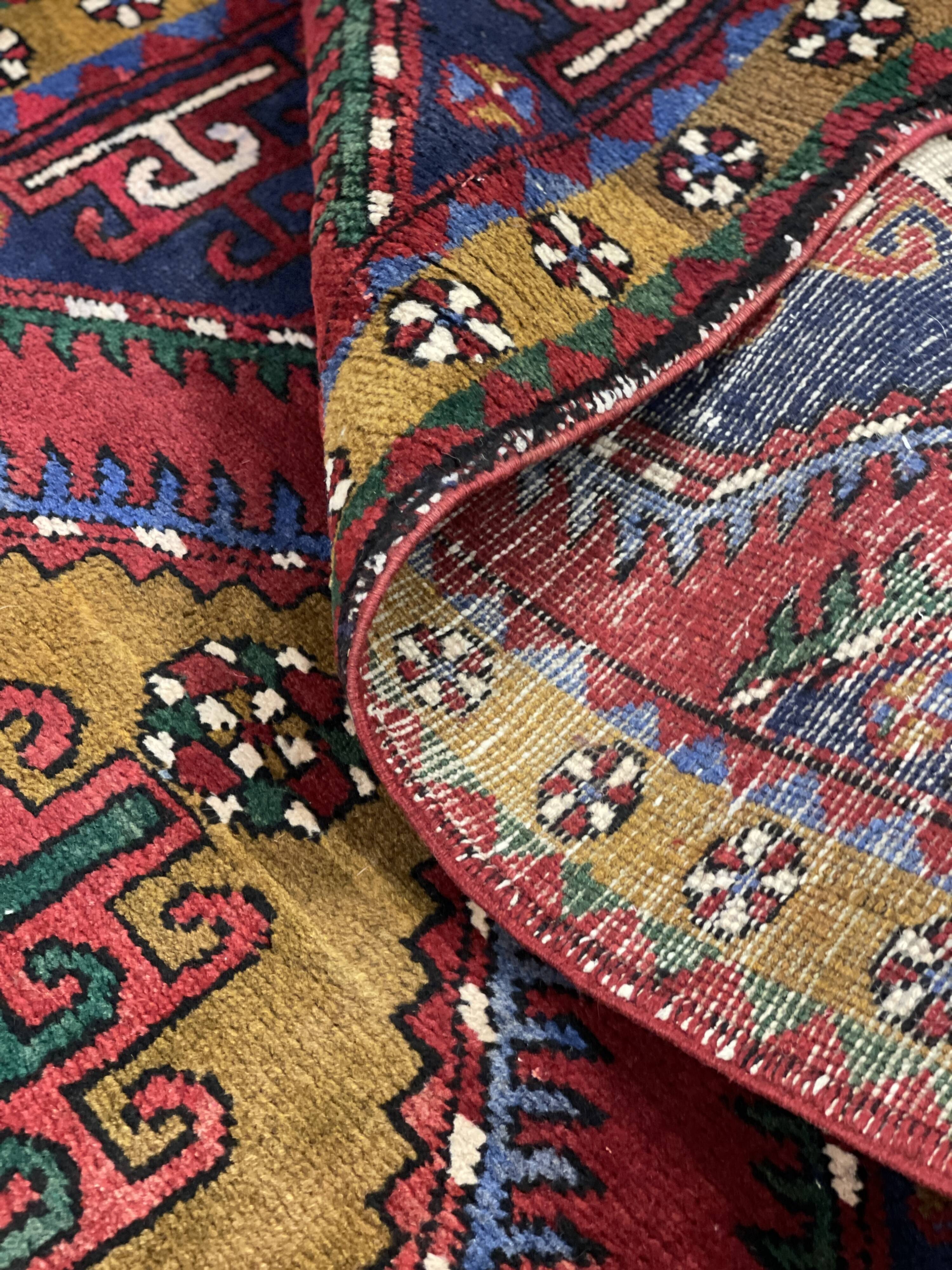 Vintage Geometric Burgundy Red Wool Runner Rug, 1950s Hand-Knotted Carpet