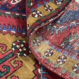 Vintage Geometric Burgundy Red Wool Runner Rug, 1950s Hand-Knotted Carpet