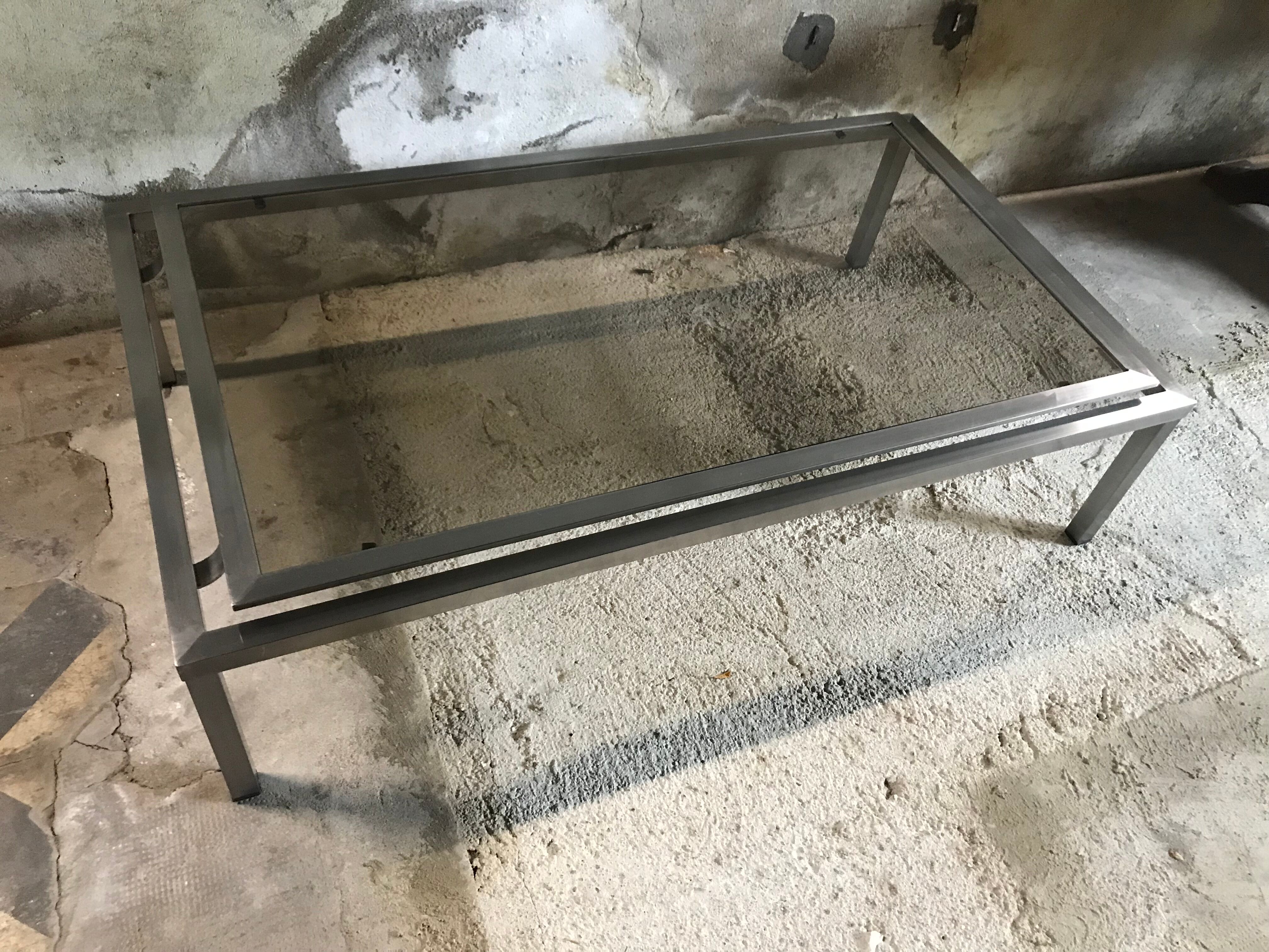 Vintage 1970 stainless steel coffee table and smoked glass