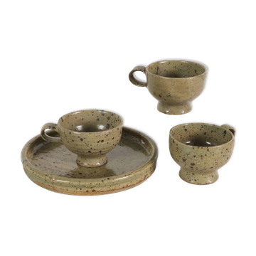 Set of cups and tray by Gustave Tiffoche in pyrite stoneware – 1970s