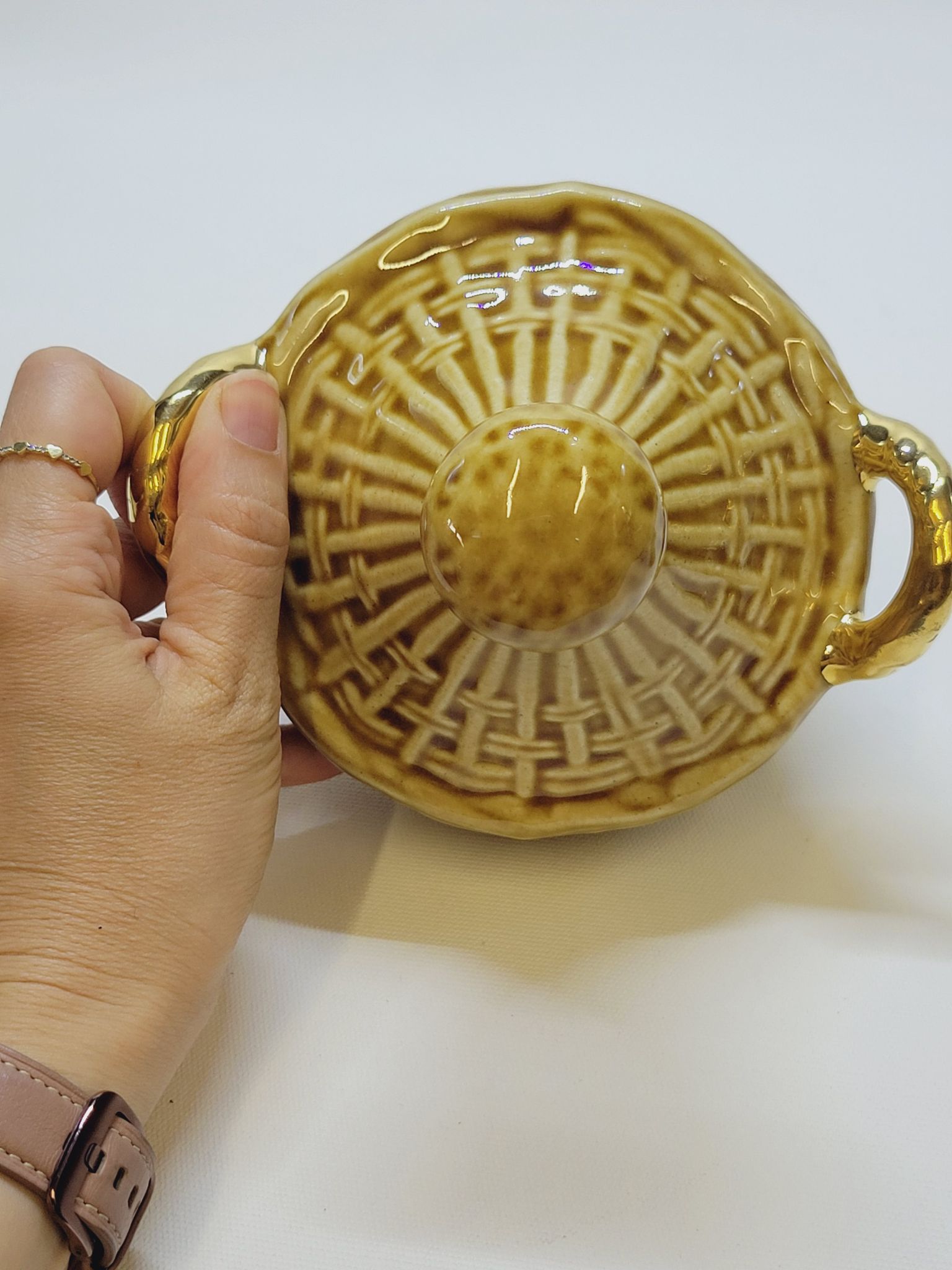 Bouteille Mini Dame Jeanne En Céramique Tressée Barbotine Majolique Vintage