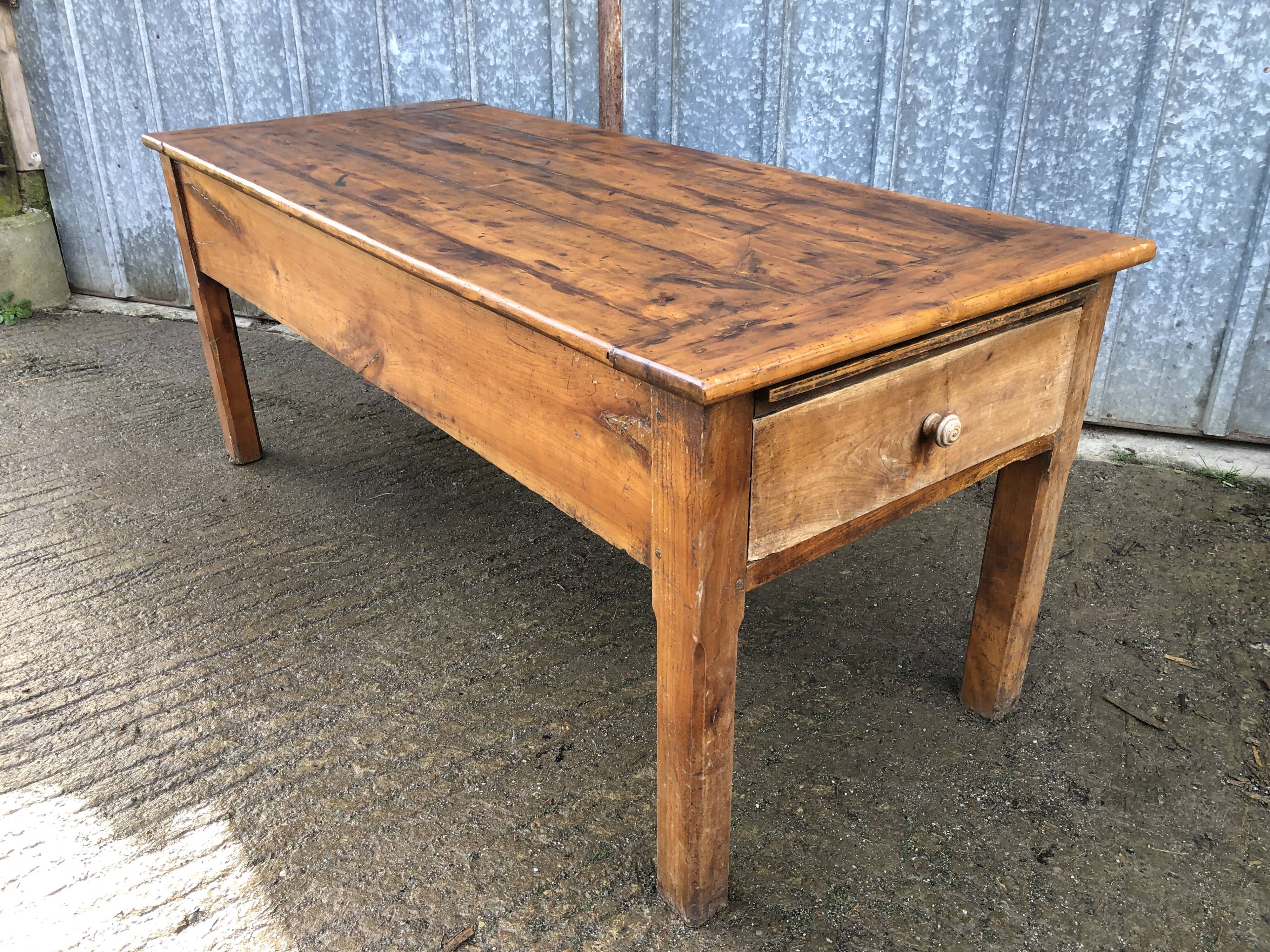 Antique Rustic Solid Cherry Farmhouse Table with 3 Drawers and 1 Pull Out