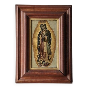 Religious tableau of the Virgin, painting on metal with a handcrafted wooden frame.