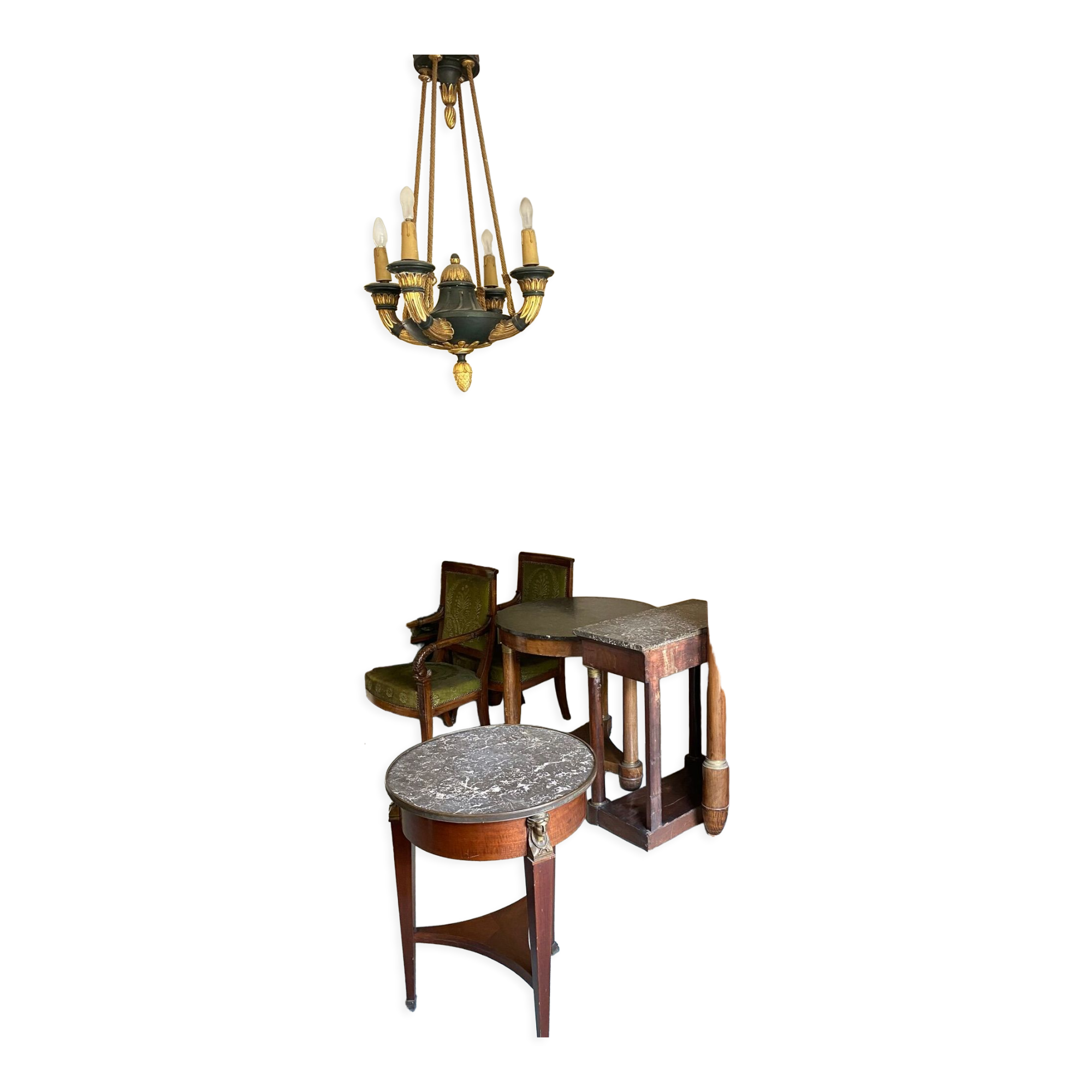 Empire style chandelier with four lights in sheet metal, bronze with patina and gilding