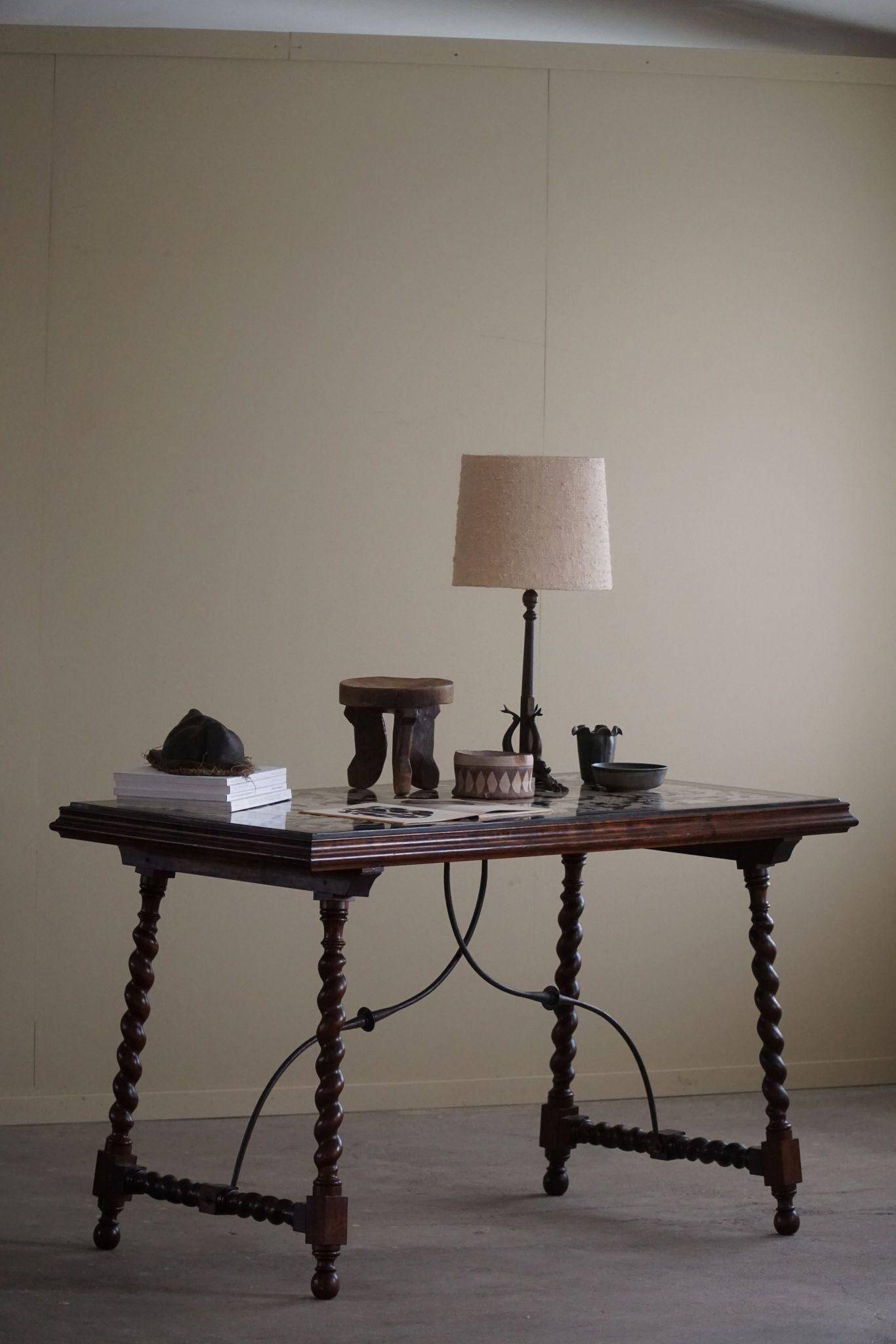 Antique Italian desk table, walnut and marble, Naples, 19th century.