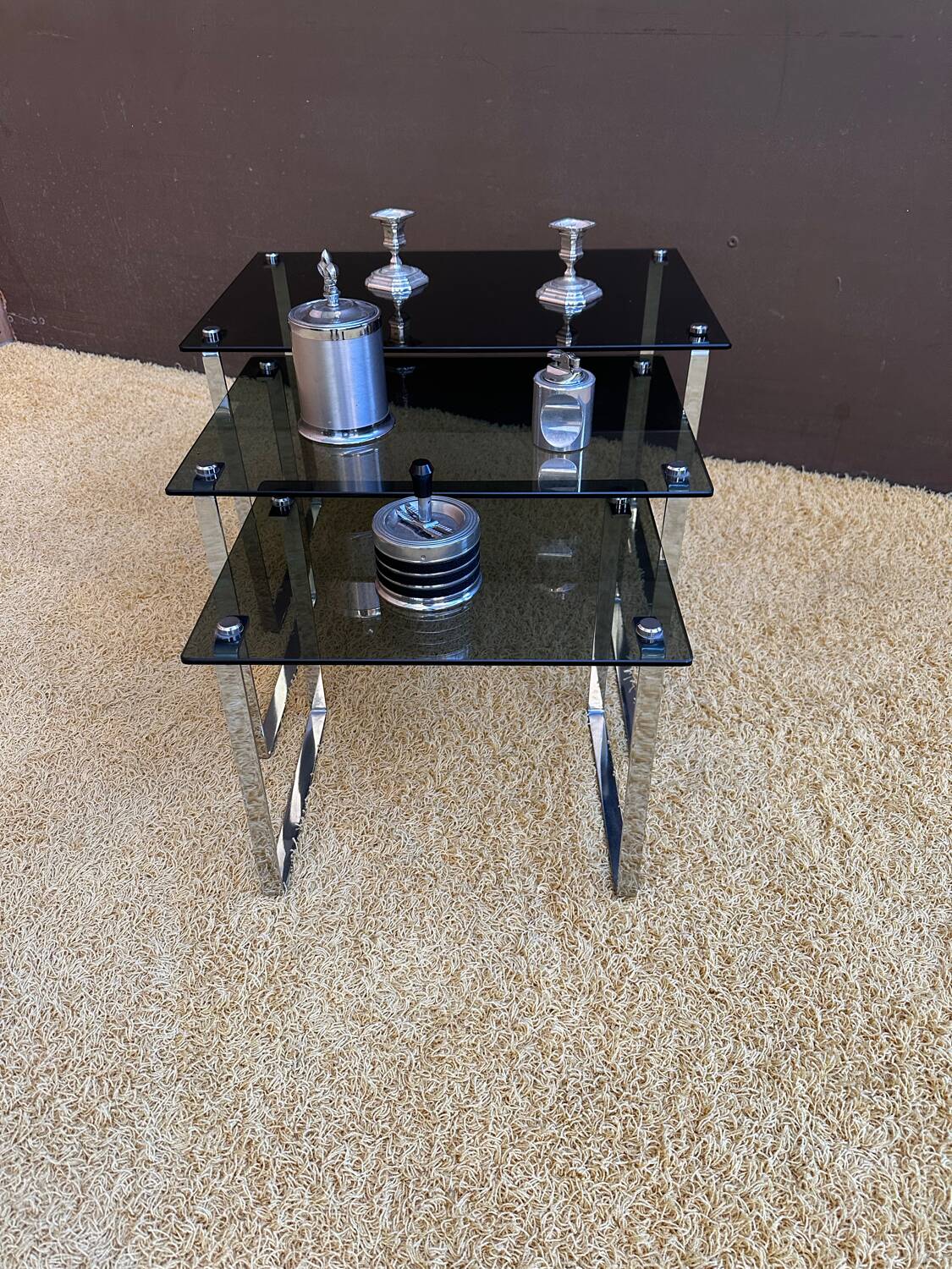 Set of 3 nesting tables in metal and smoked glass