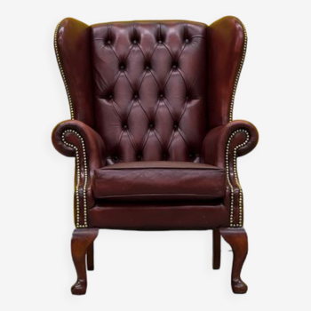 Burgundy leather vintage chesterfield wing chair