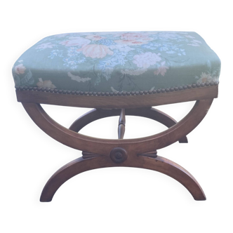 Antique Empire style stool in curved wood and vintage floral fabric