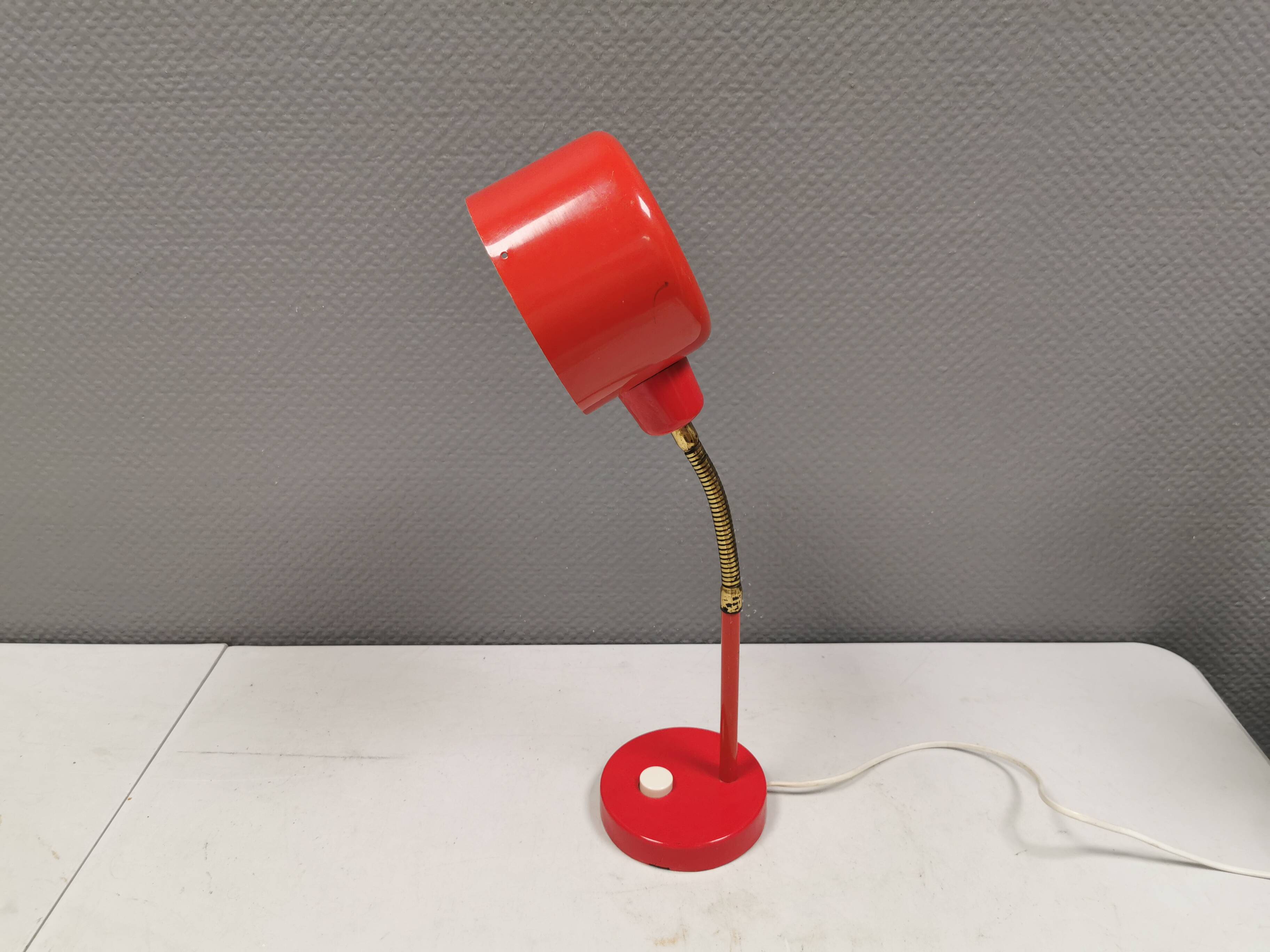 Swedish Elidus table lamp in red with adjustable brass swan neck 1970-80s