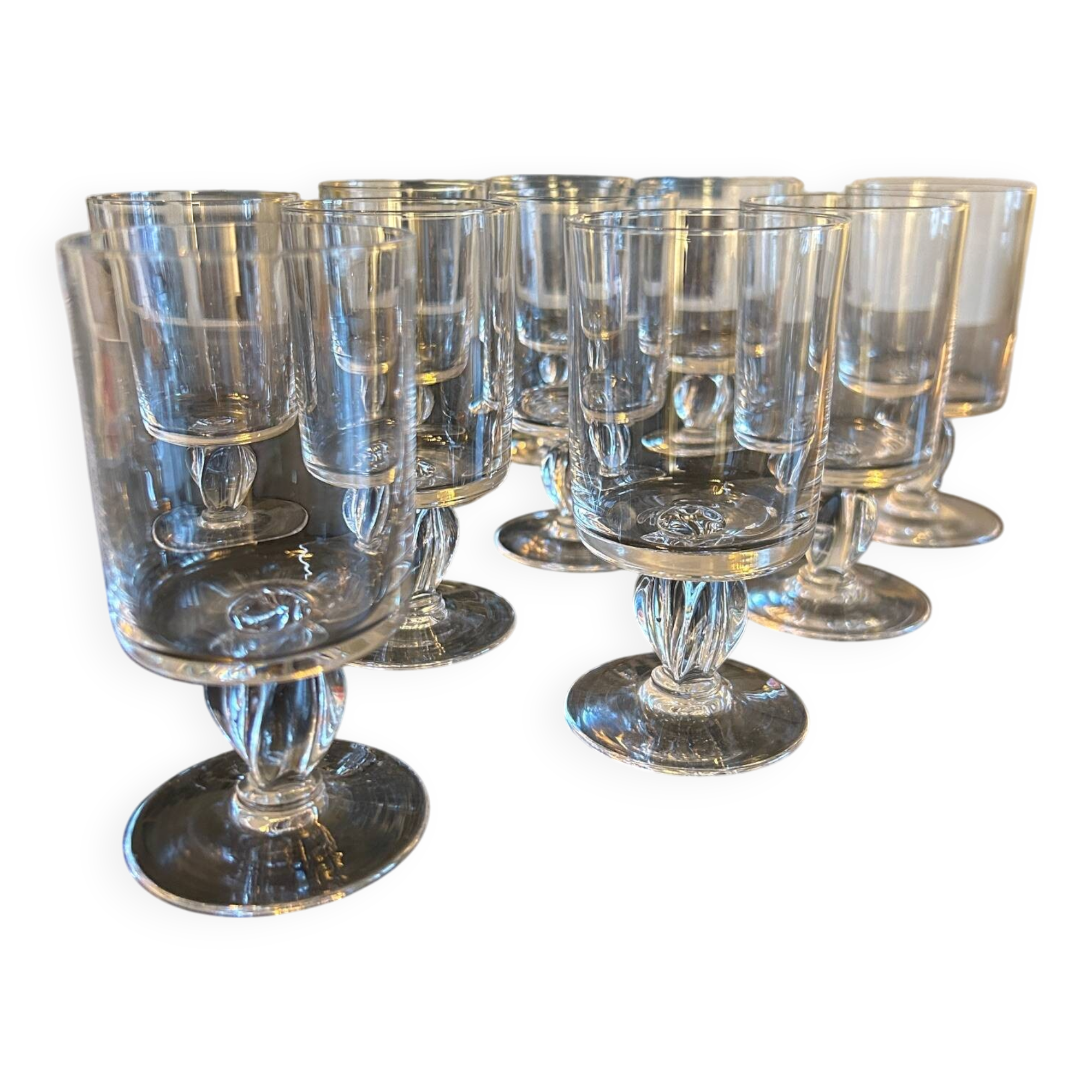 10 old glasses with twisted stems