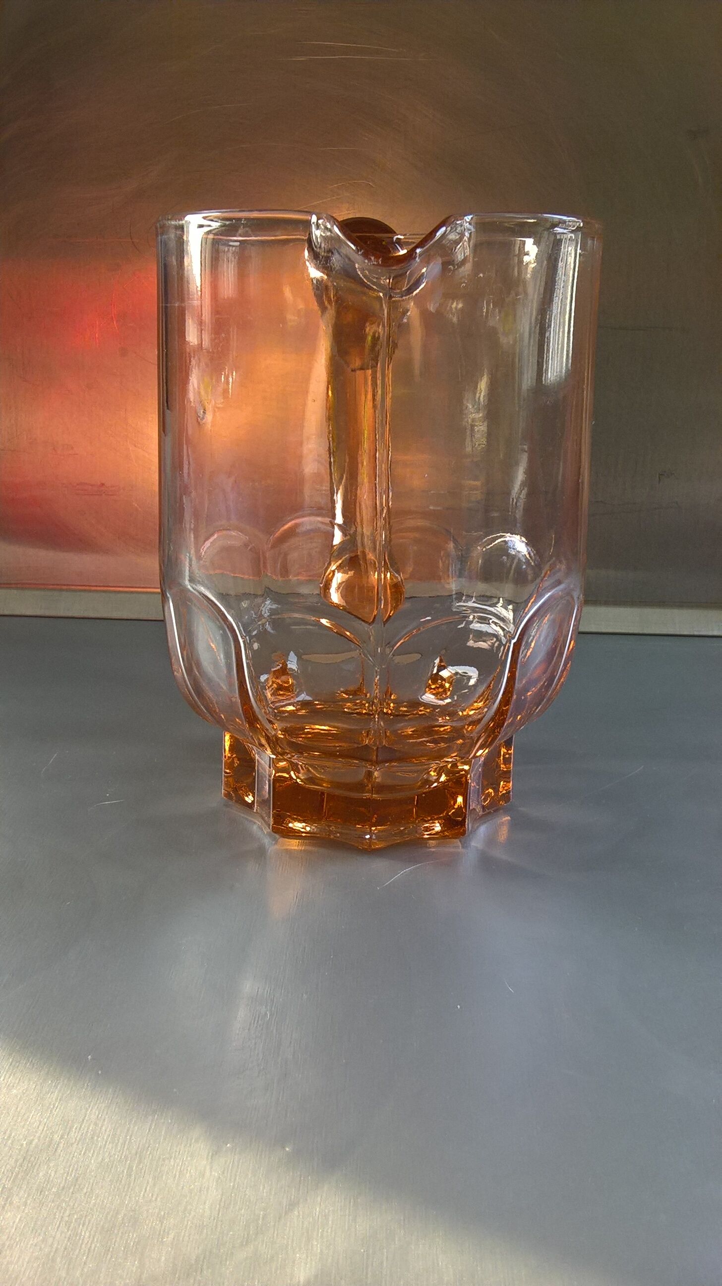 Vintage pink moulded glass water pitcher, 40-50s.