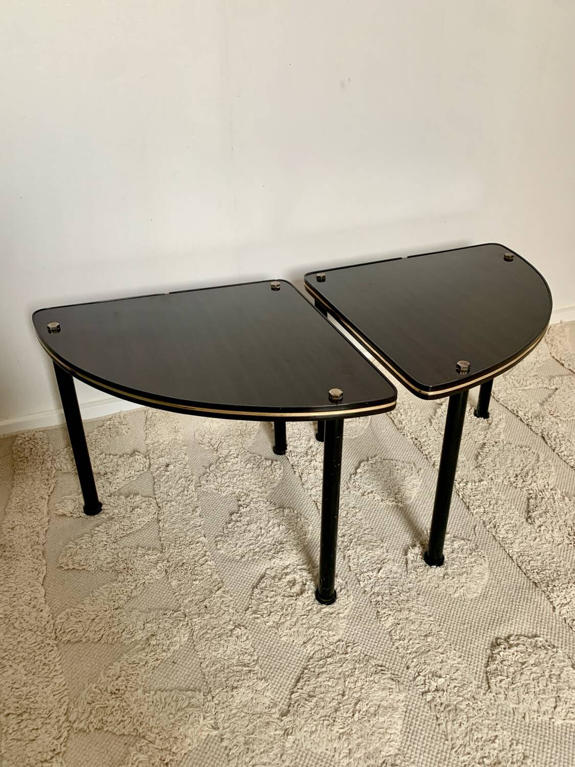 Pair of vintage 1960s side tables – wood veneer & brass, metal legs